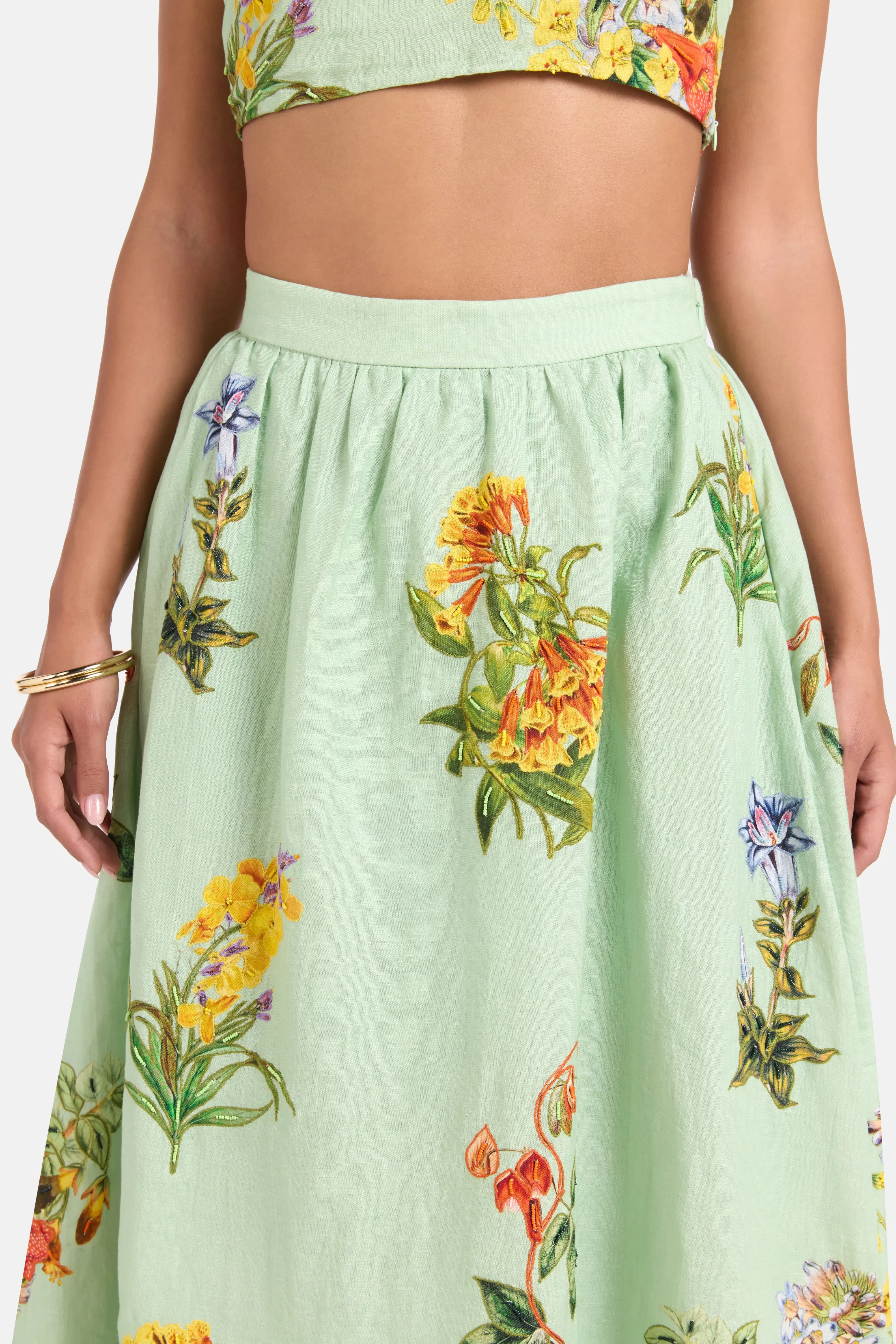 Hemant And Nandita Baku Floral Linen Cotton Midi Skirt in Green