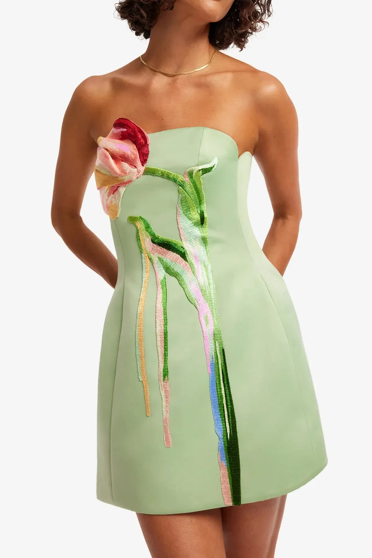 Leo Lin Roselle Cutout Bustier Strapless Floral Mini Dress in Green