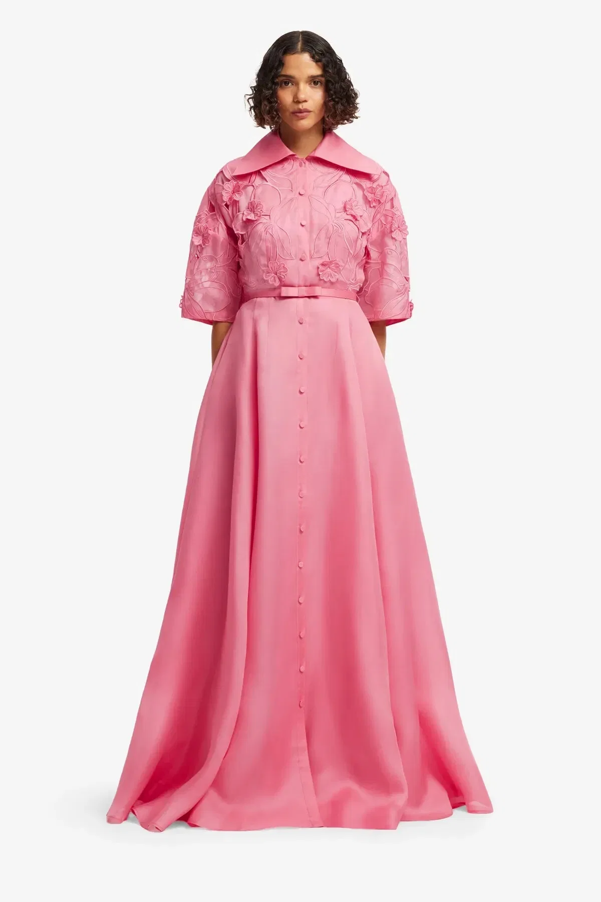 Leo Lin Junia Floral Applique Puff Sleeves Belted Silk Maxi Dress in Pink