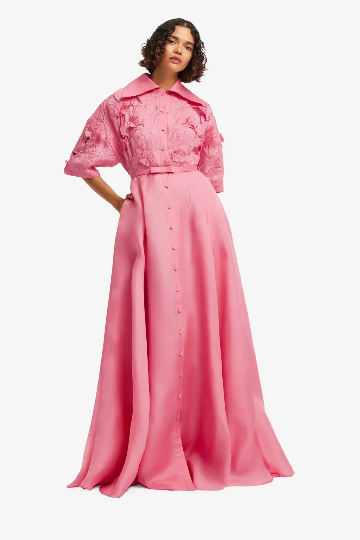 Leo Lin Junia Floral Applique Puff Sleeves Belted Silk Maxi Dress in Pink