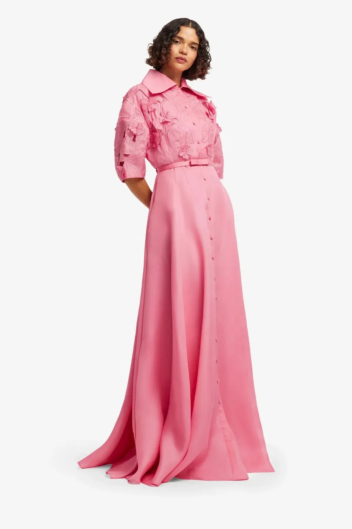 Leo Lin Junia Floral Applique Puff Sleeves Belted Silk Maxi Dress in Pink