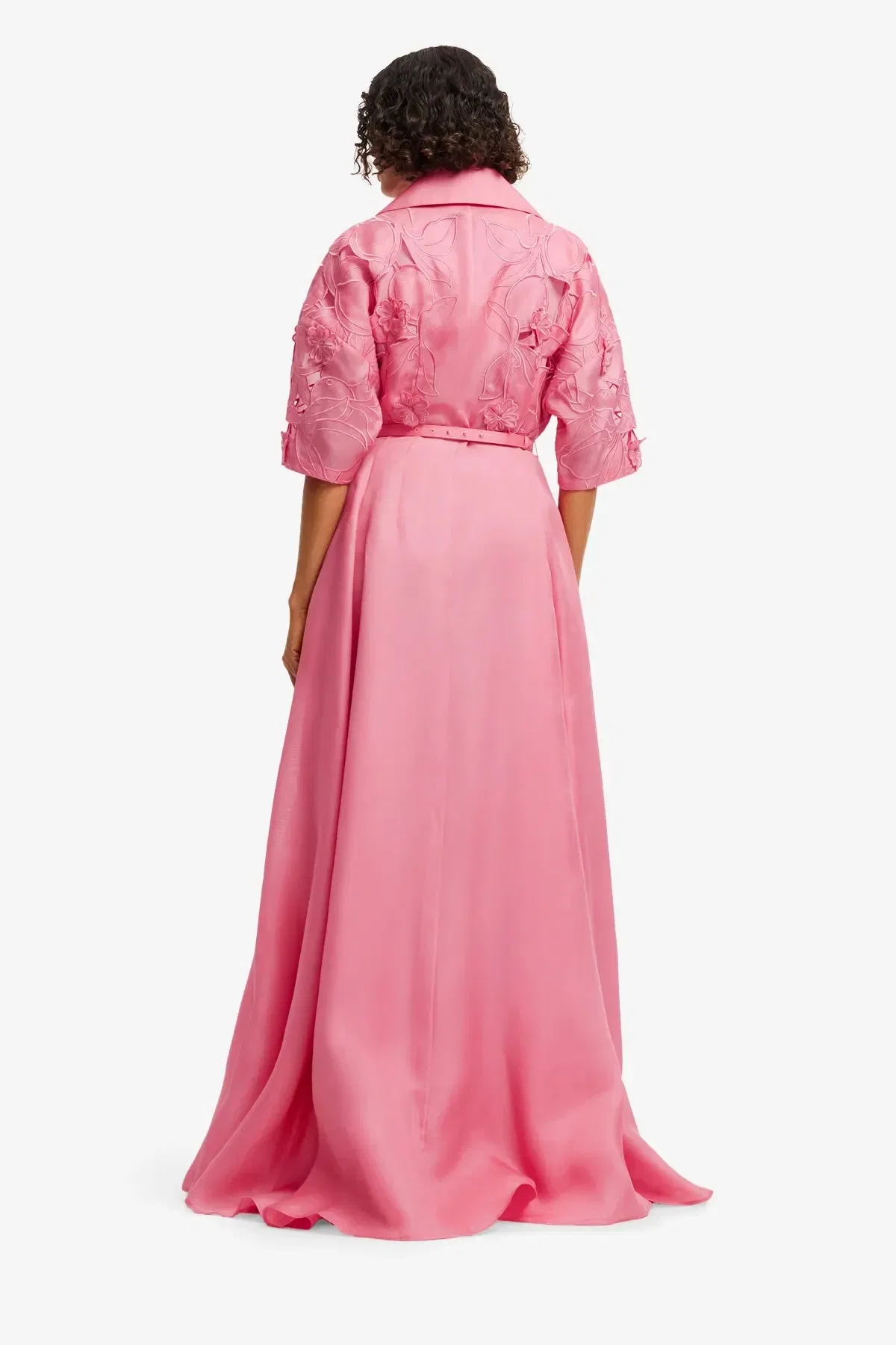 Leo Lin Junia Floral Applique Puff Sleeves Belted Silk Maxi Dress in Pink