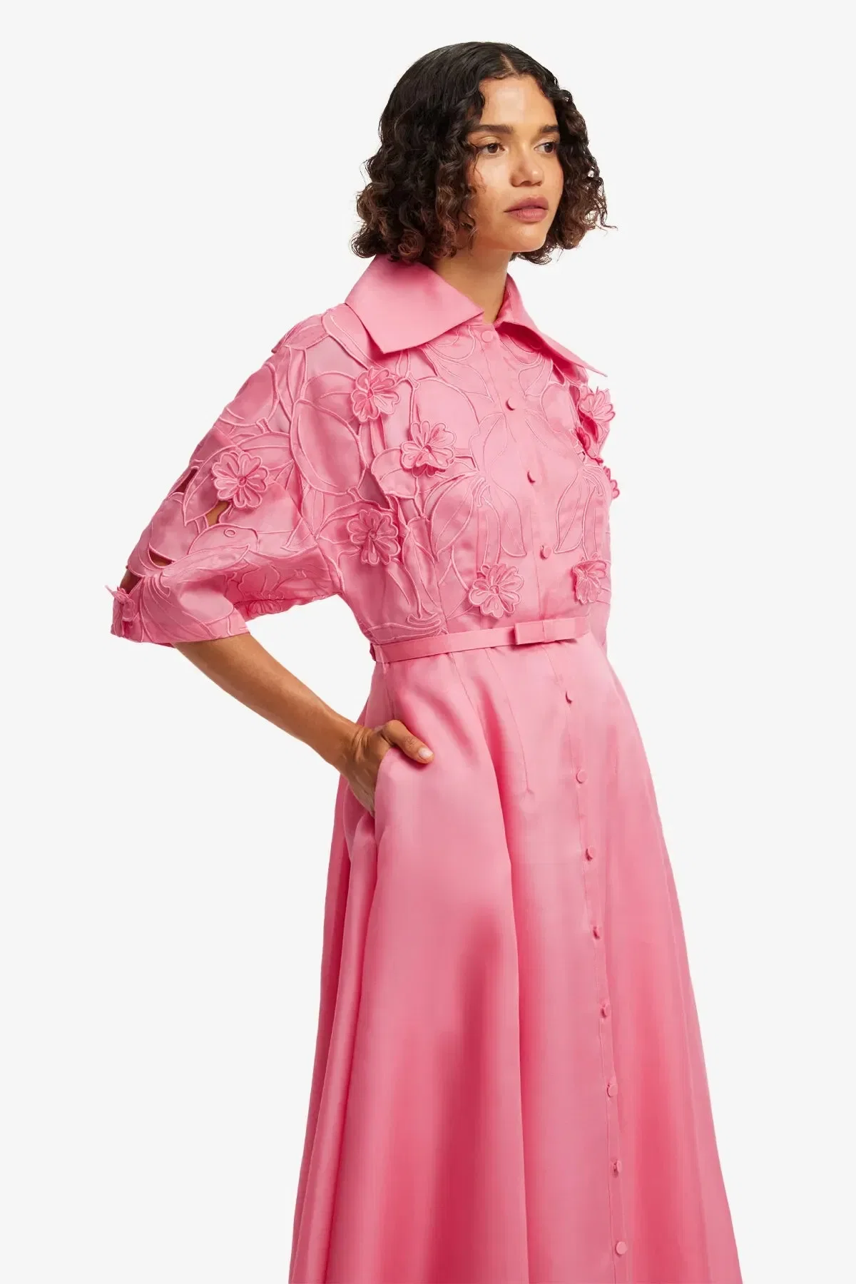 Leo Lin Junia Floral Applique Puff Sleeves Belted Silk Maxi Dress in Pink