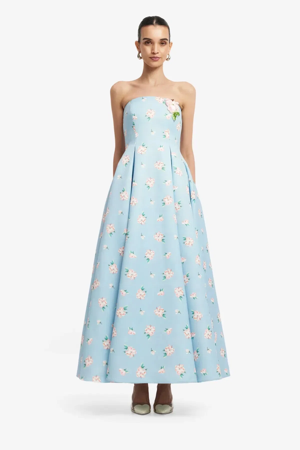 Leo Lin Nora Bustier Strapless Floral Maxi Dress in Blue