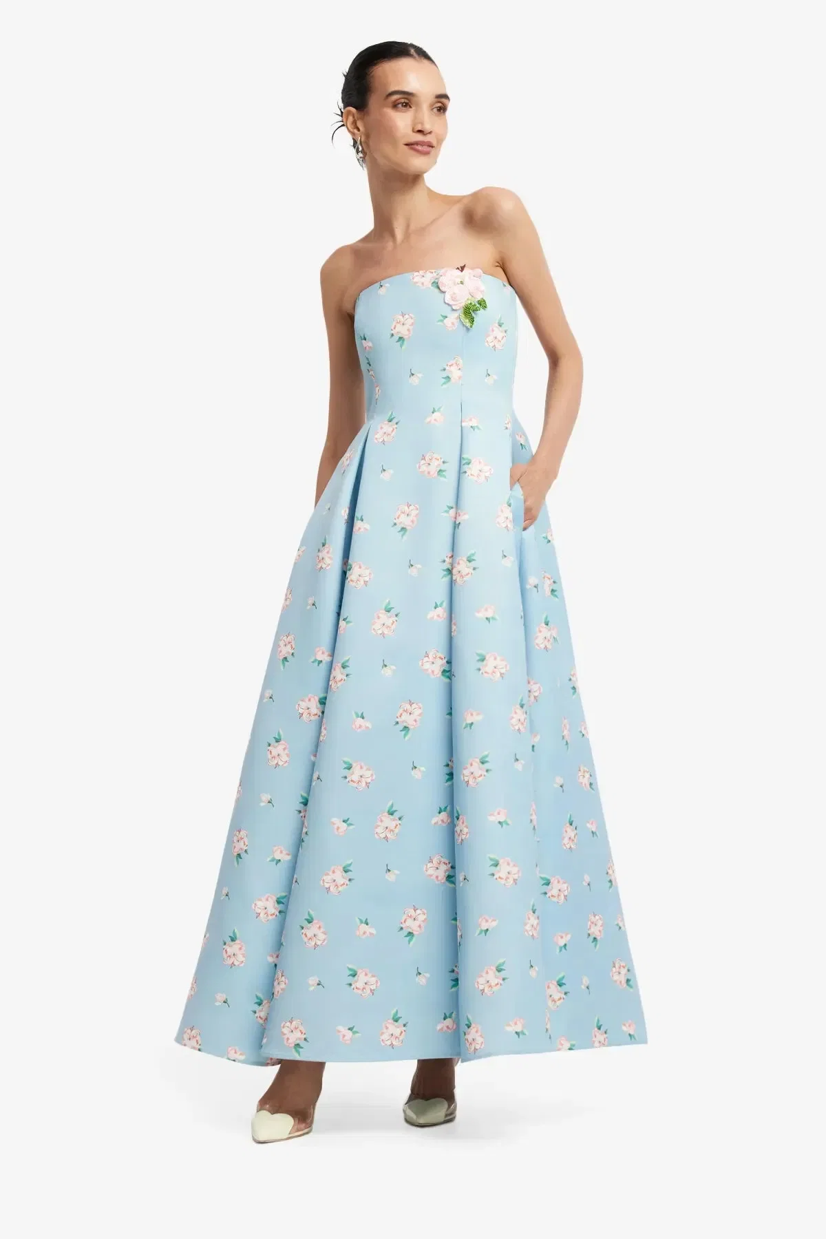 Leo Lin Nora Bustier Strapless Floral Maxi Dress in Blue