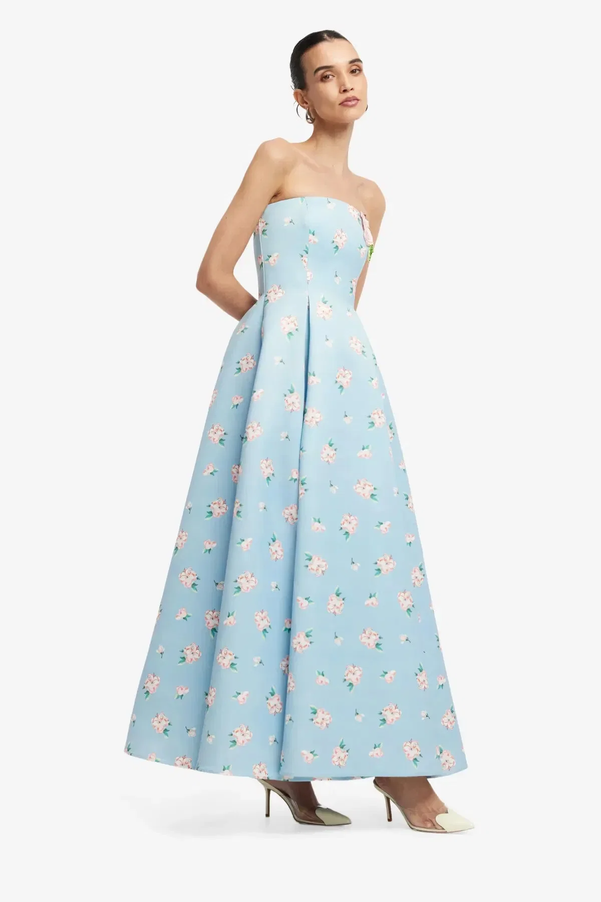 Leo Lin Nora Bustier Strapless Floral Maxi Dress in Blue