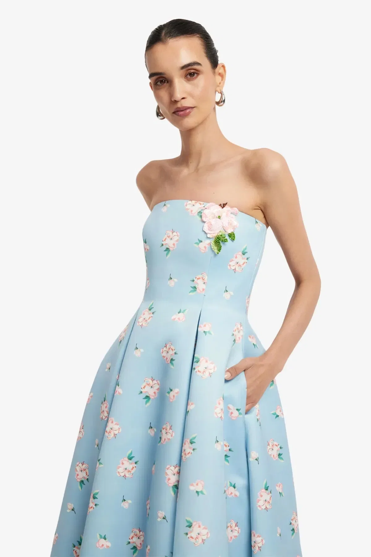 Leo Lin Nora Bustier Strapless Floral Maxi Dress in Blue