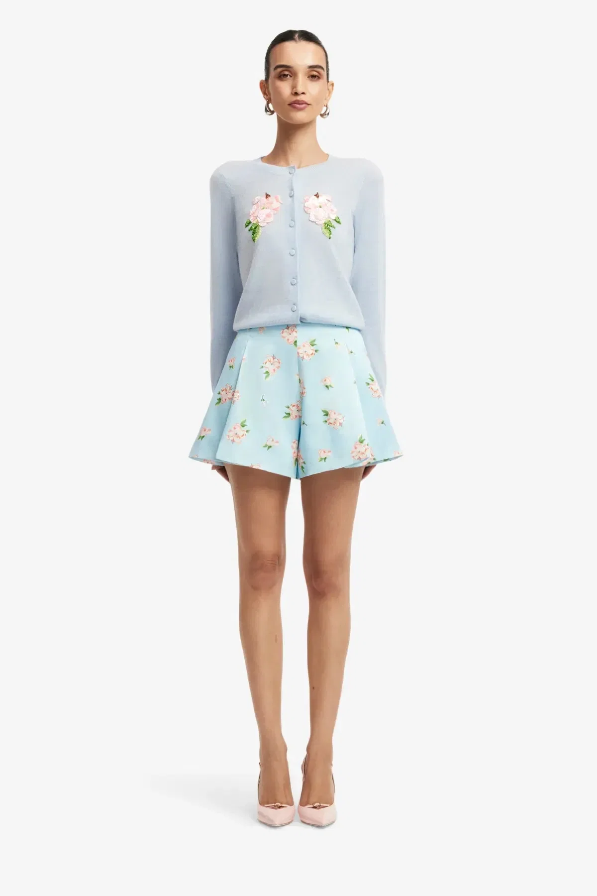 Leo Lin Claire Embellished Knit Floral Wool Cashmere Cardigan in Blue