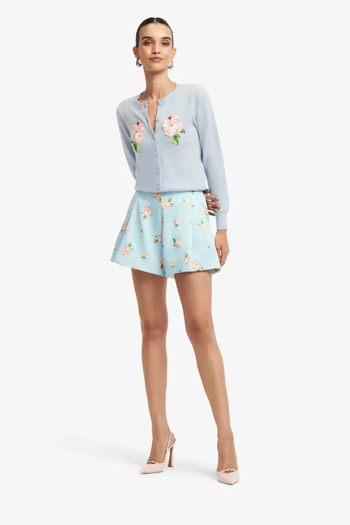 Leo Lin Claire Embellished Knit Floral Wool Cashmere Cardigan in Blue