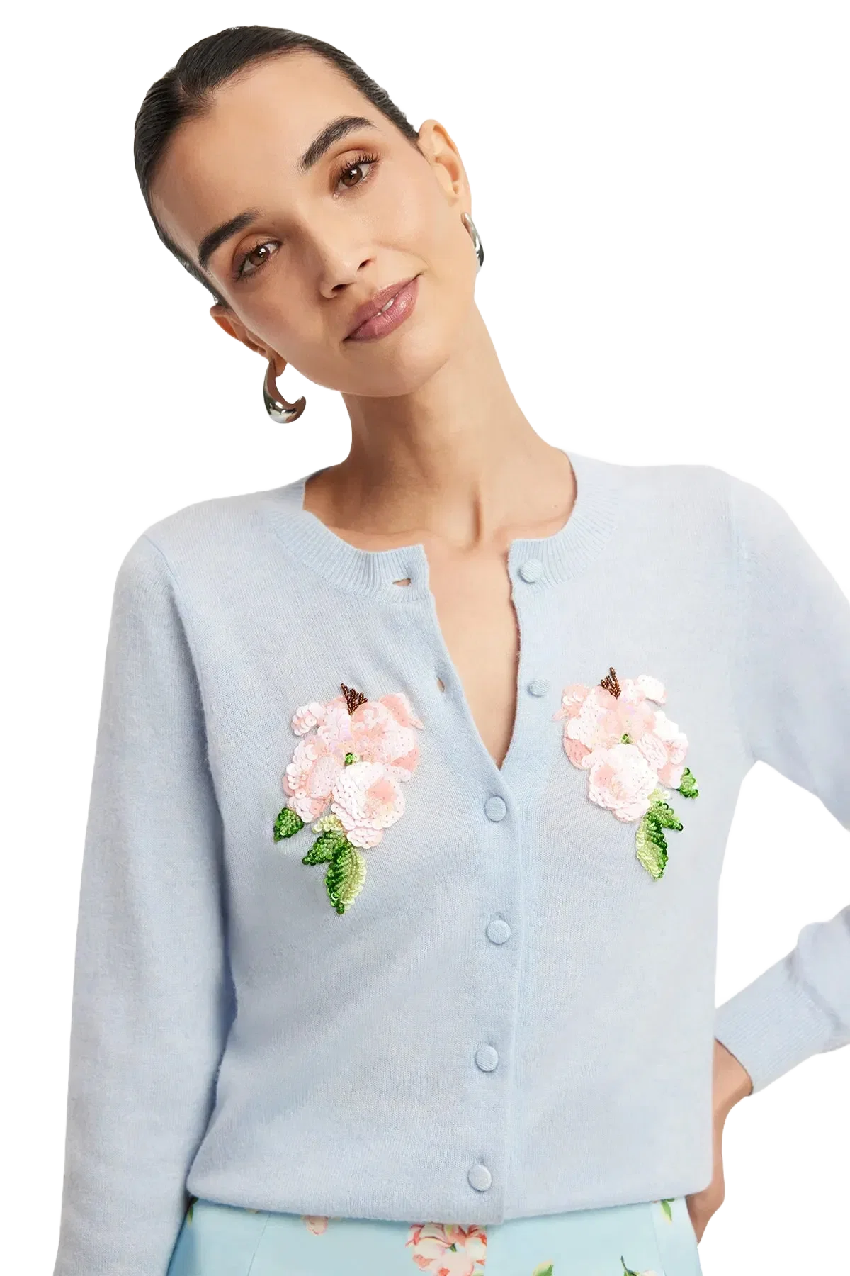 Leo Lin Claire Embellished Knit Floral Wool Cashmere Cardigan in Blue