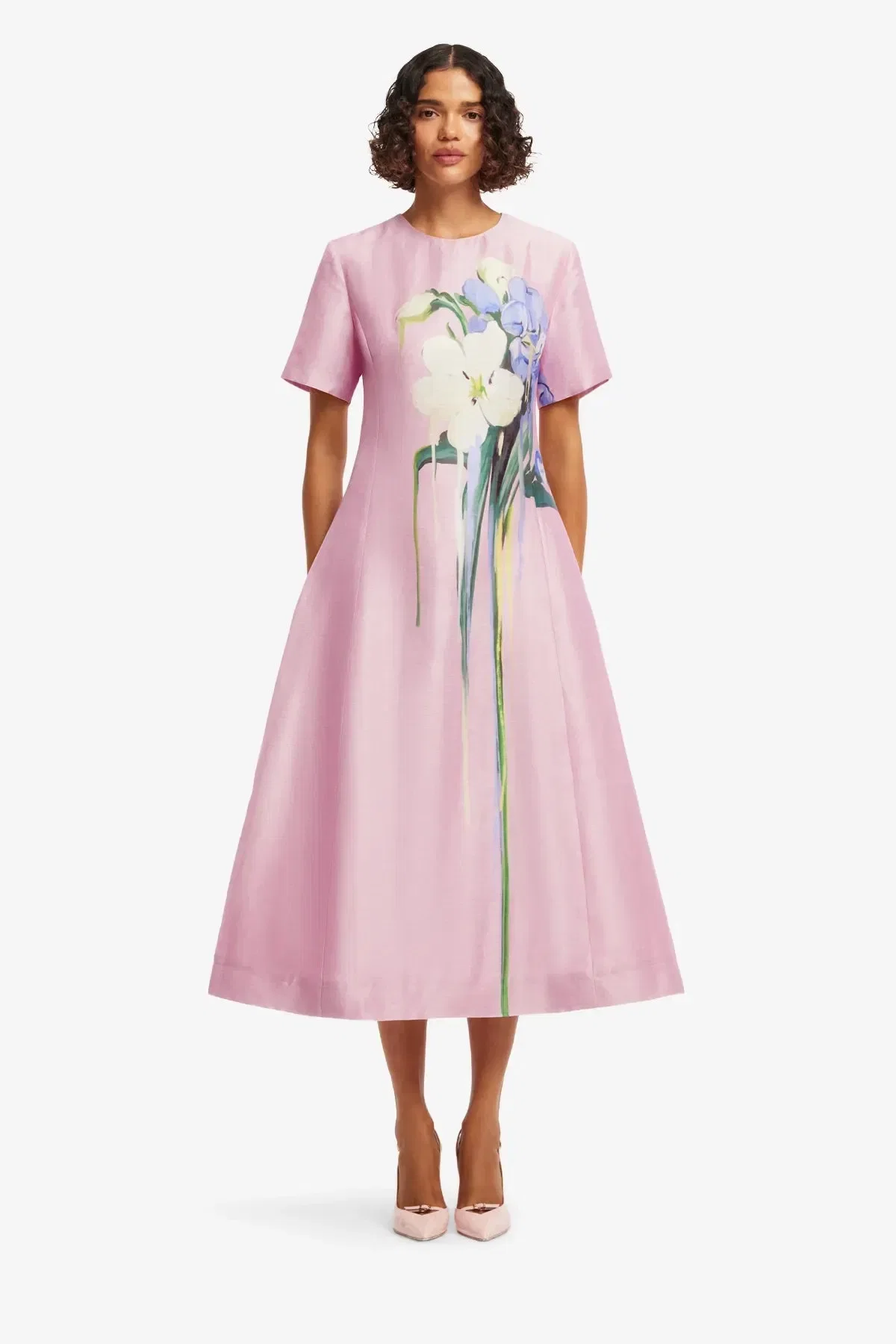Leo Lin Caroline Short Sleeves Floral Midi Dress in Pink