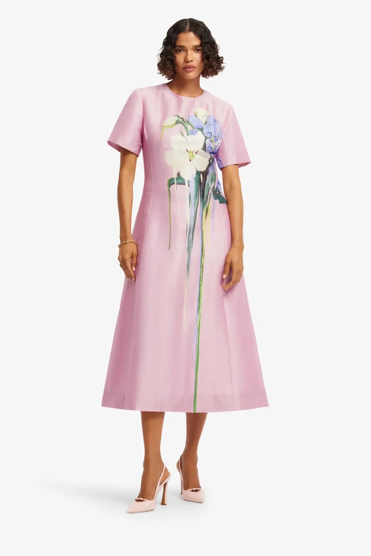 Leo Lin Caroline Short Sleeves Floral Midi Dress in Pink