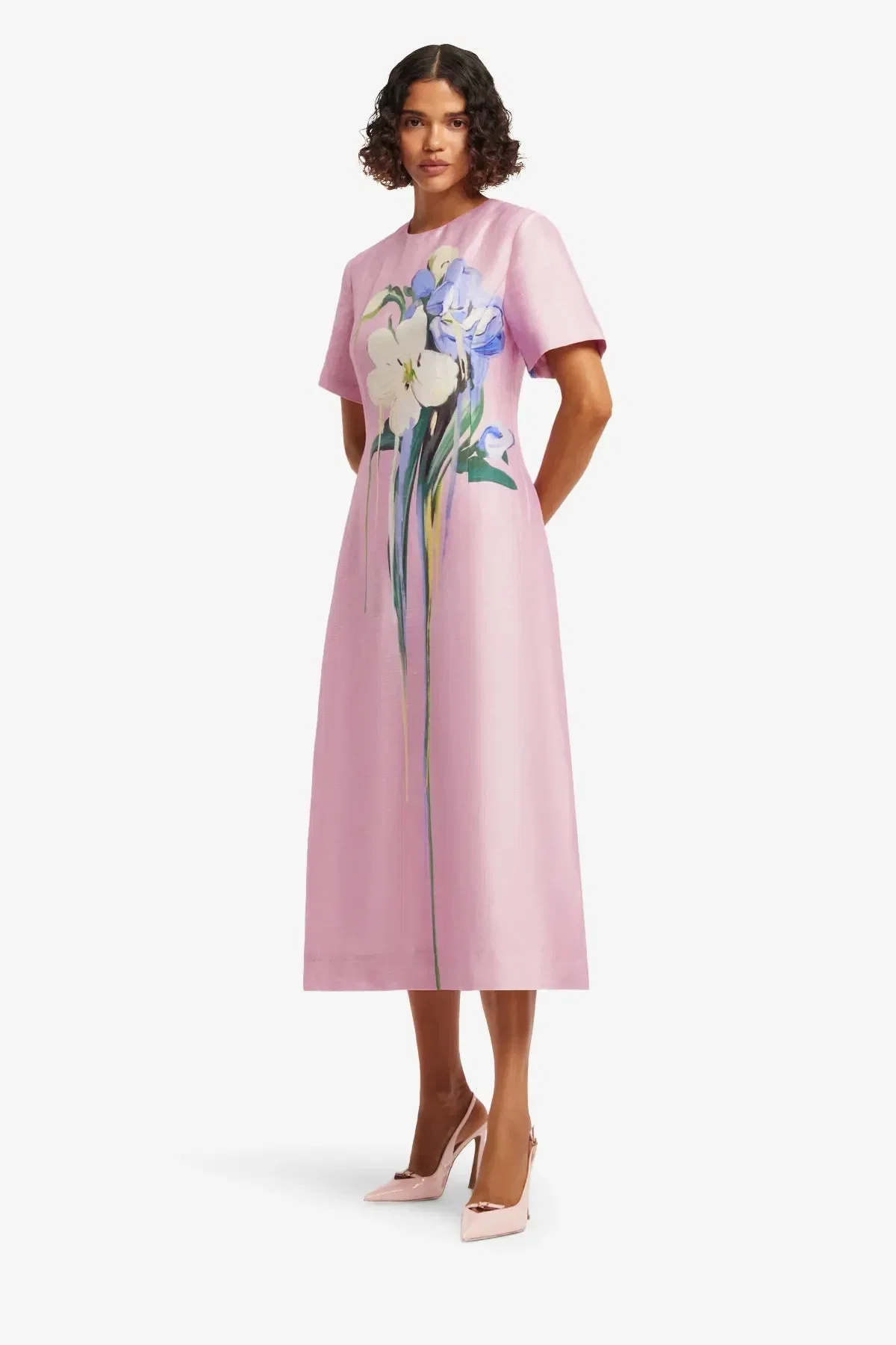 Leo Lin Caroline Short Sleeves Floral Midi Dress in Pink