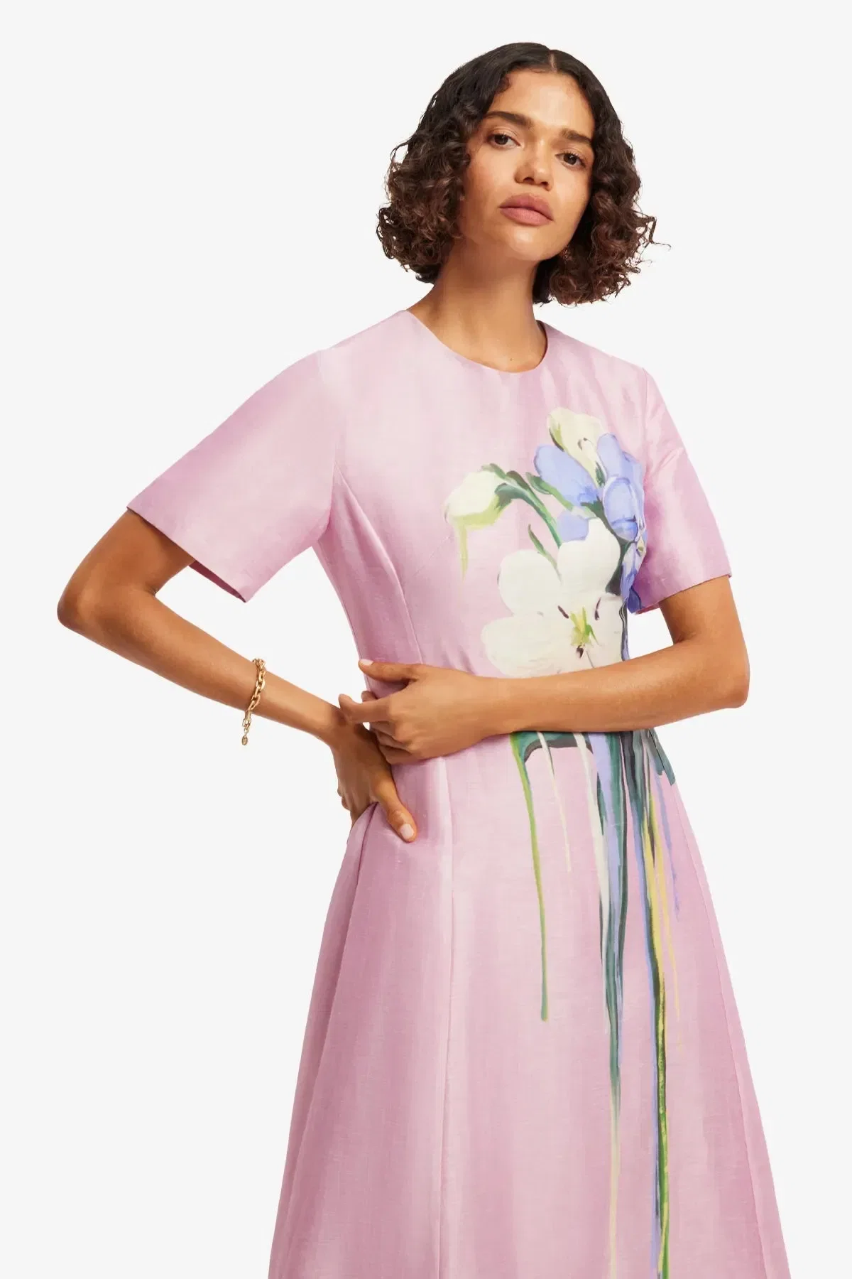 Leo Lin Caroline Short Sleeves Floral Midi Dress in Pink