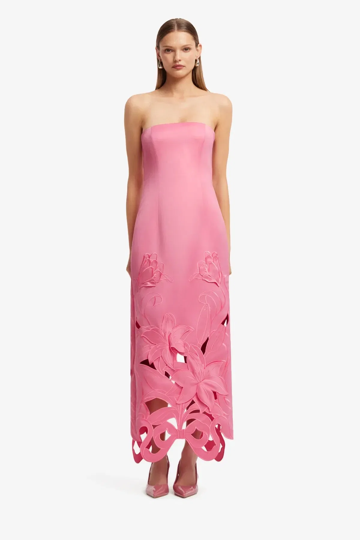 Leo Lin Rayna Floral Applique Bustier Strapless Maxi Dress in Pink