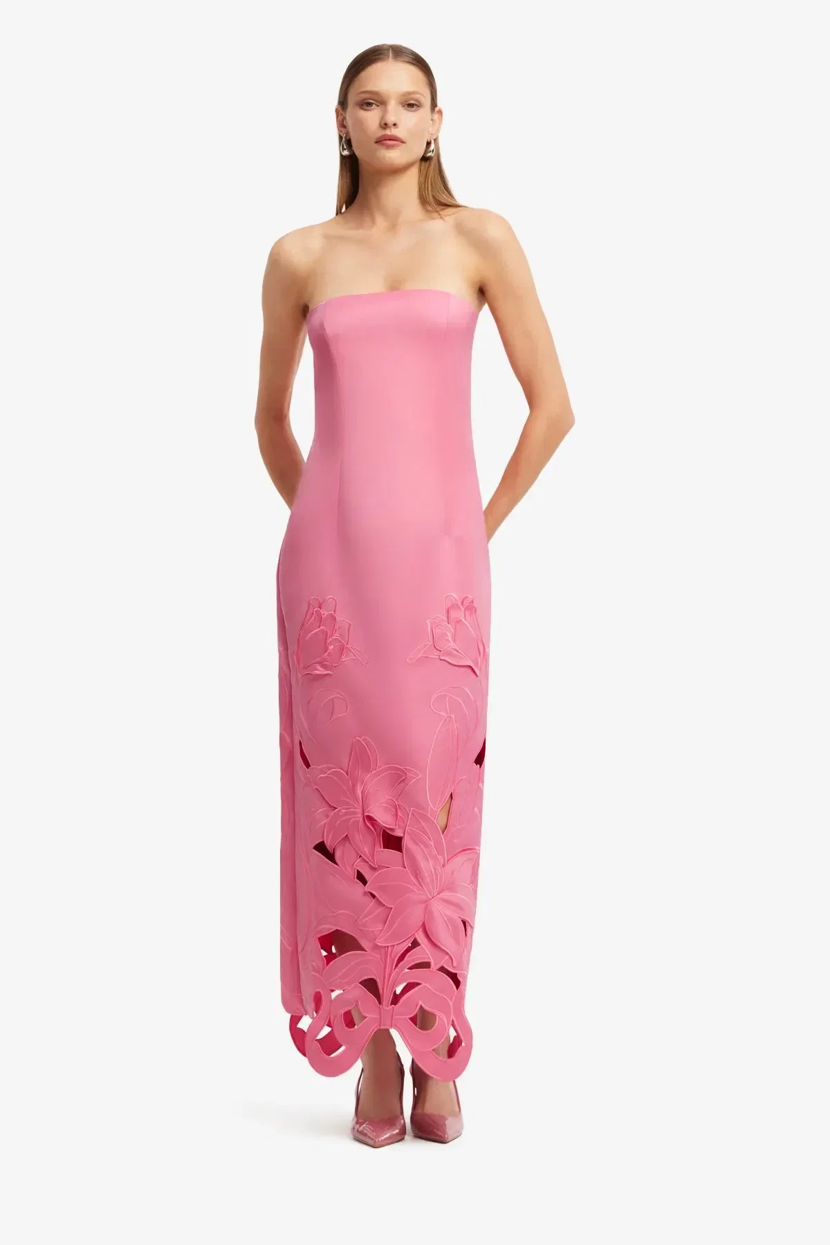 Leo Lin Rayna Floral Applique Bustier Strapless Maxi Dress in Pink