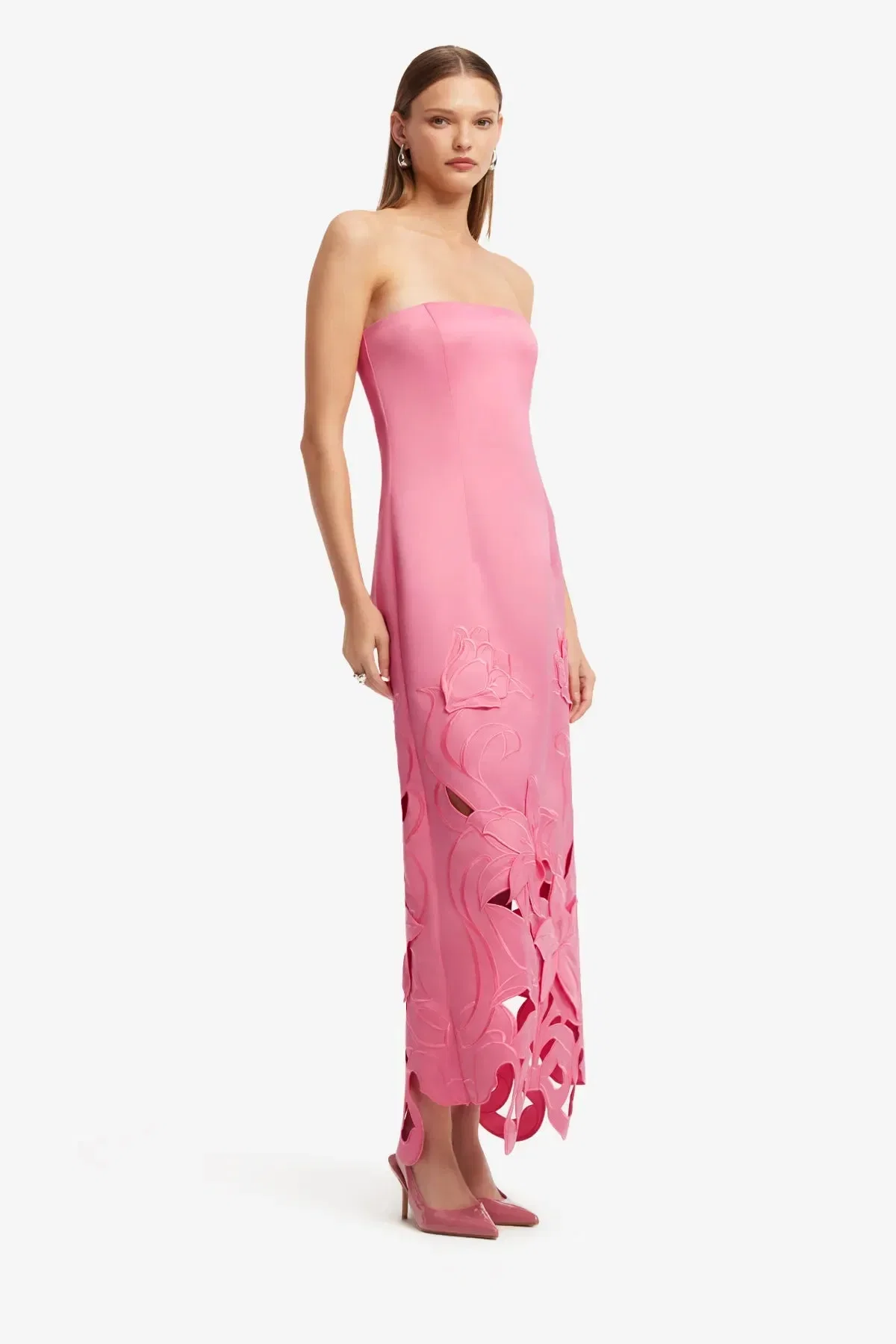 Leo Lin Rayna Floral Applique Bustier Strapless Maxi Dress in Pink