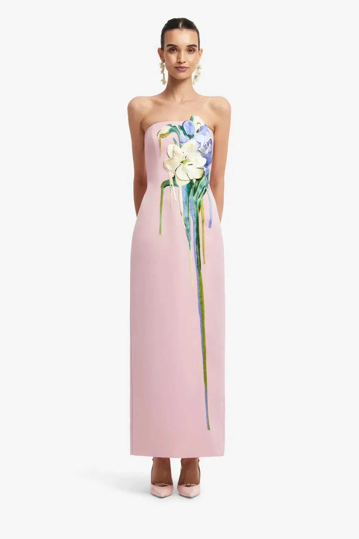 Leo Lin Rayna Embroidered Bustier Strapless Floral Maxi Dress in Pink
