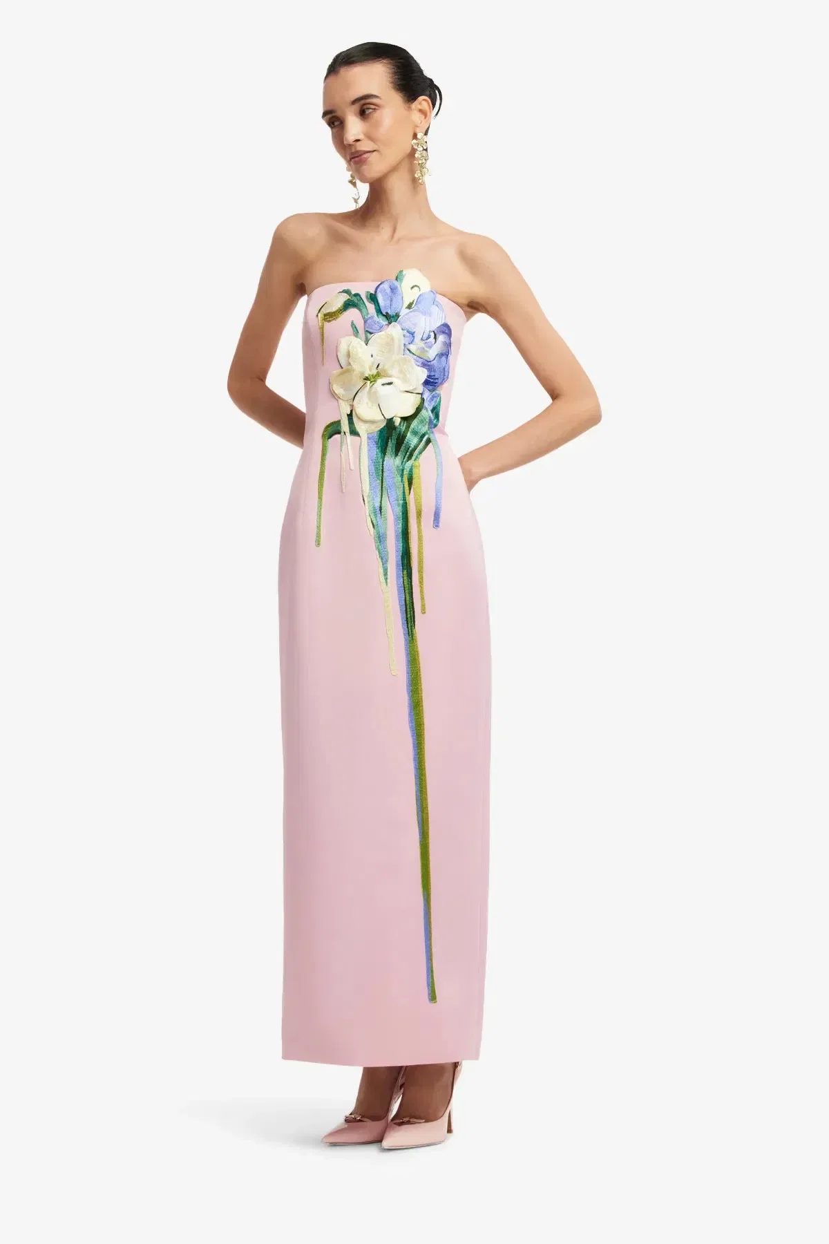 Leo Lin Rayna Embroidered Bustier Strapless Floral Maxi Dress in Pink
