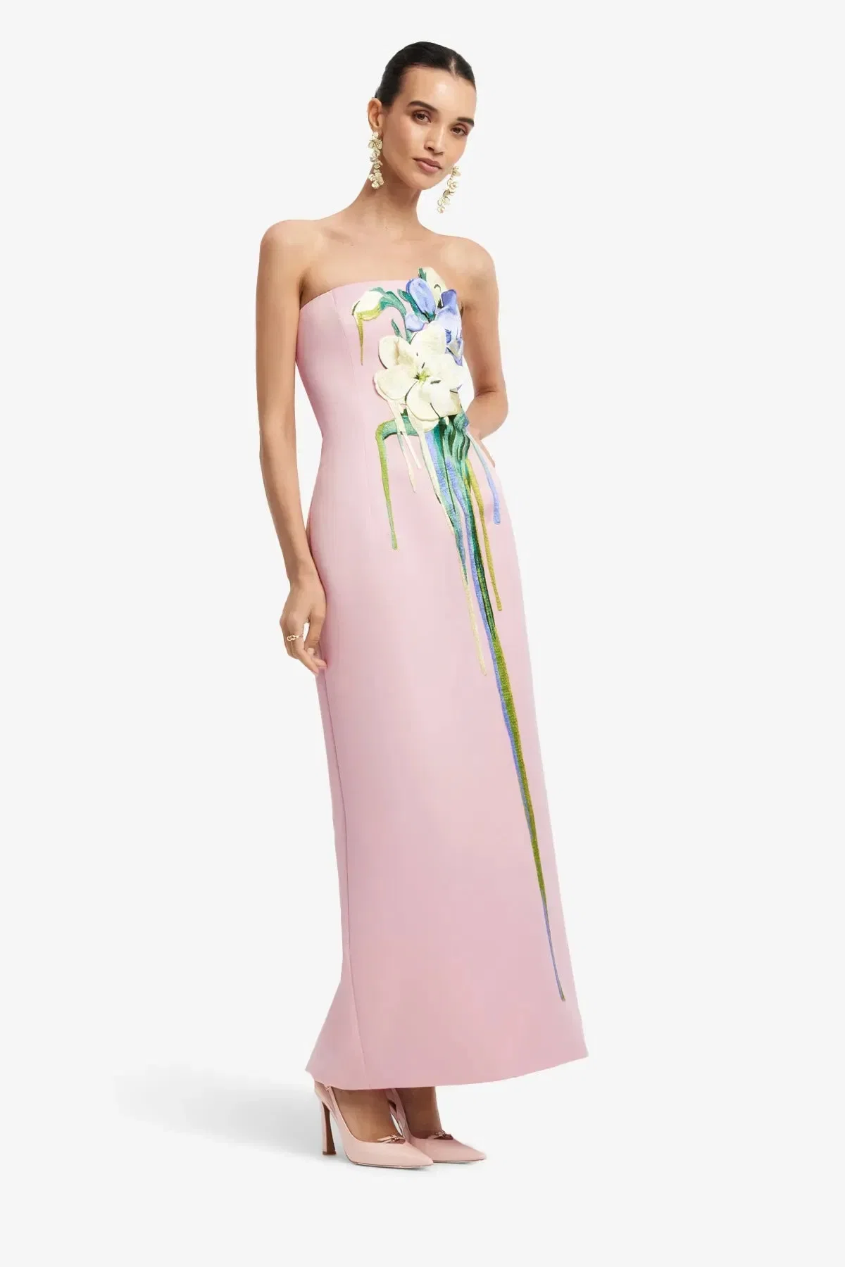 Leo Lin Rayna Embroidered Bustier Strapless Floral Maxi Dress in Pink