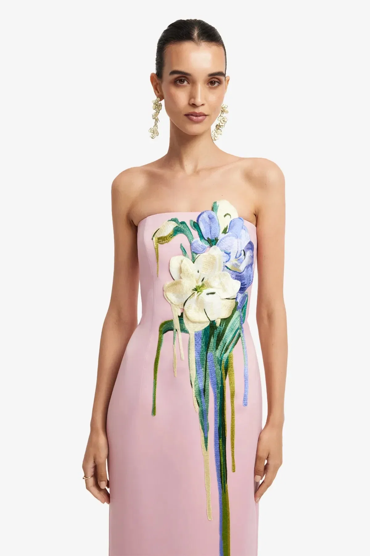 Leo Lin Rayna Embroidered Bustier Strapless Floral Maxi Dress in Pink