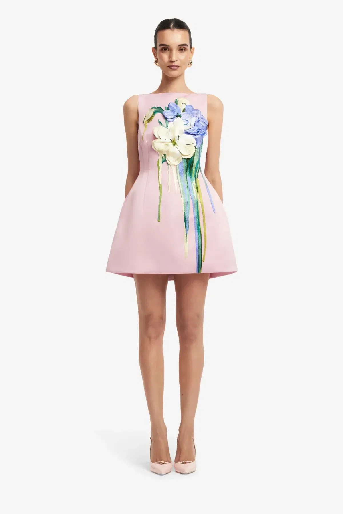 Leo Lin Ali Embroidered Boat Neck Sleeveless Floral Mini Dress in Pink