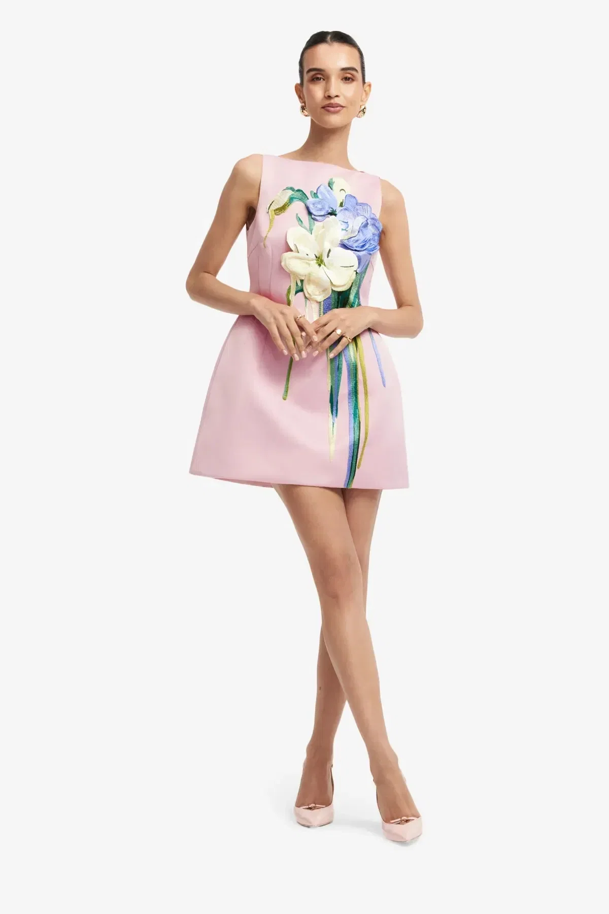 Leo Lin Ali Embroidered Boat Neck Sleeveless Floral Mini Dress in Pink