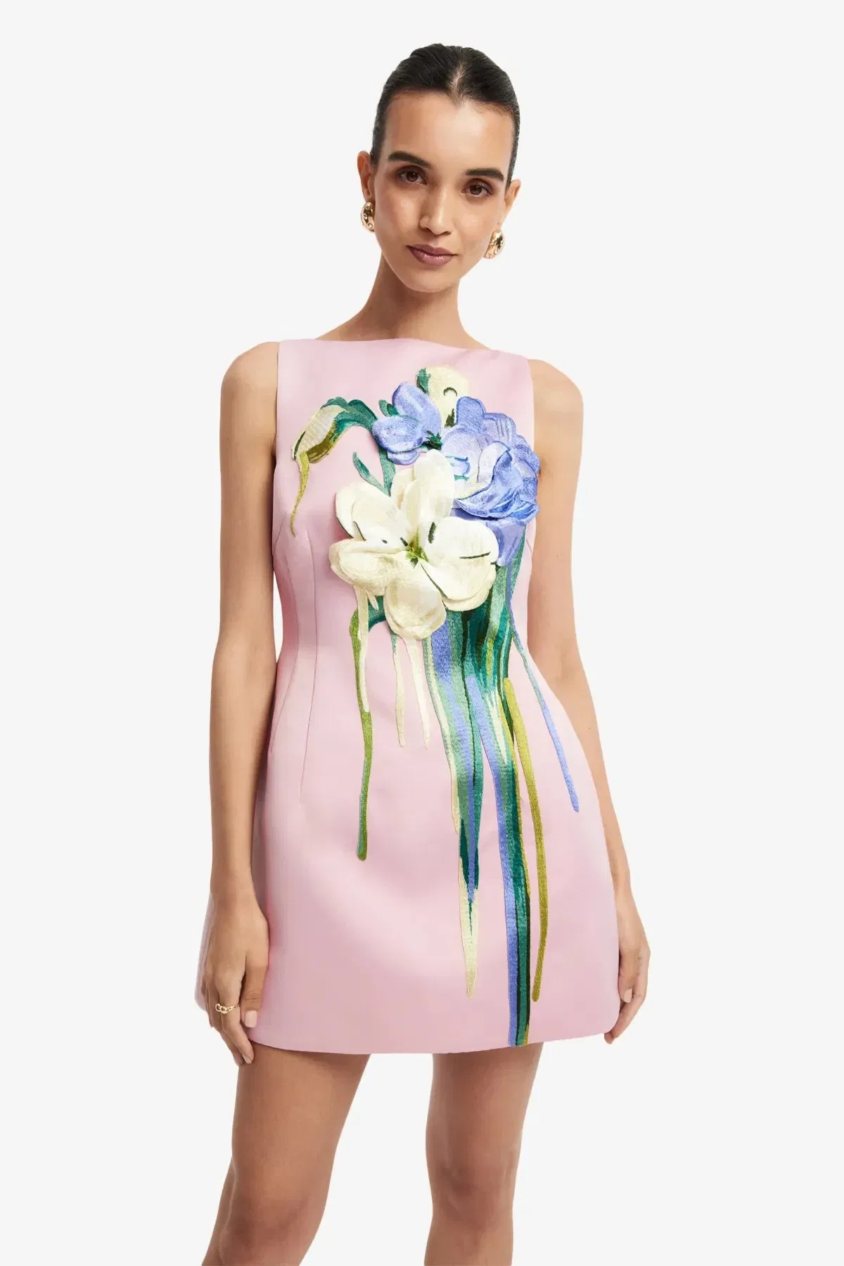 Leo Lin Ali Embroidered Boat Neck Sleeveless Floral Mini Dress in Pink