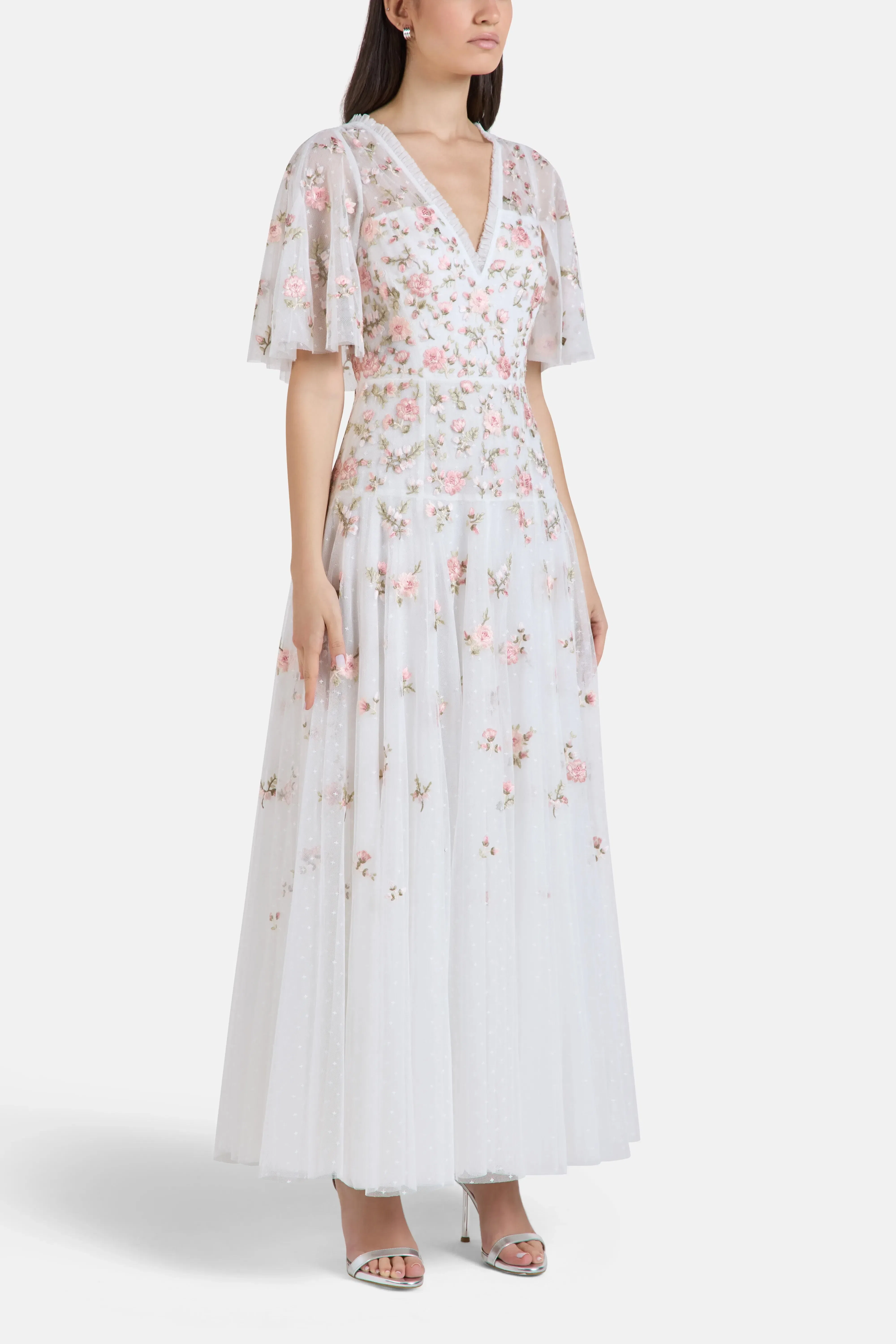 Needle & Thread Mayflower Ditsy Floral Evening Dress in White
