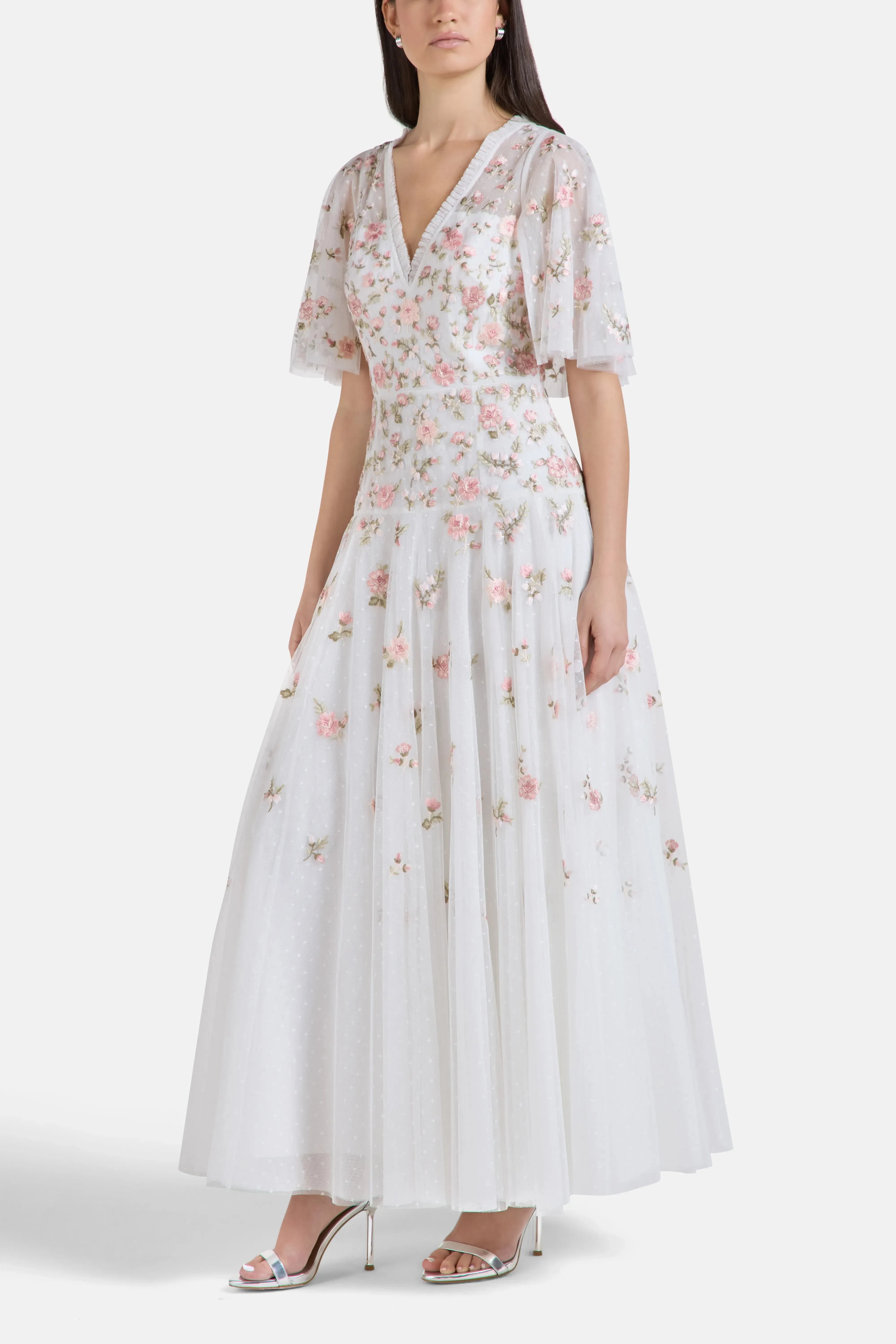 Needle & Thread Mayflower Ditsy Floral Evening Dress in White