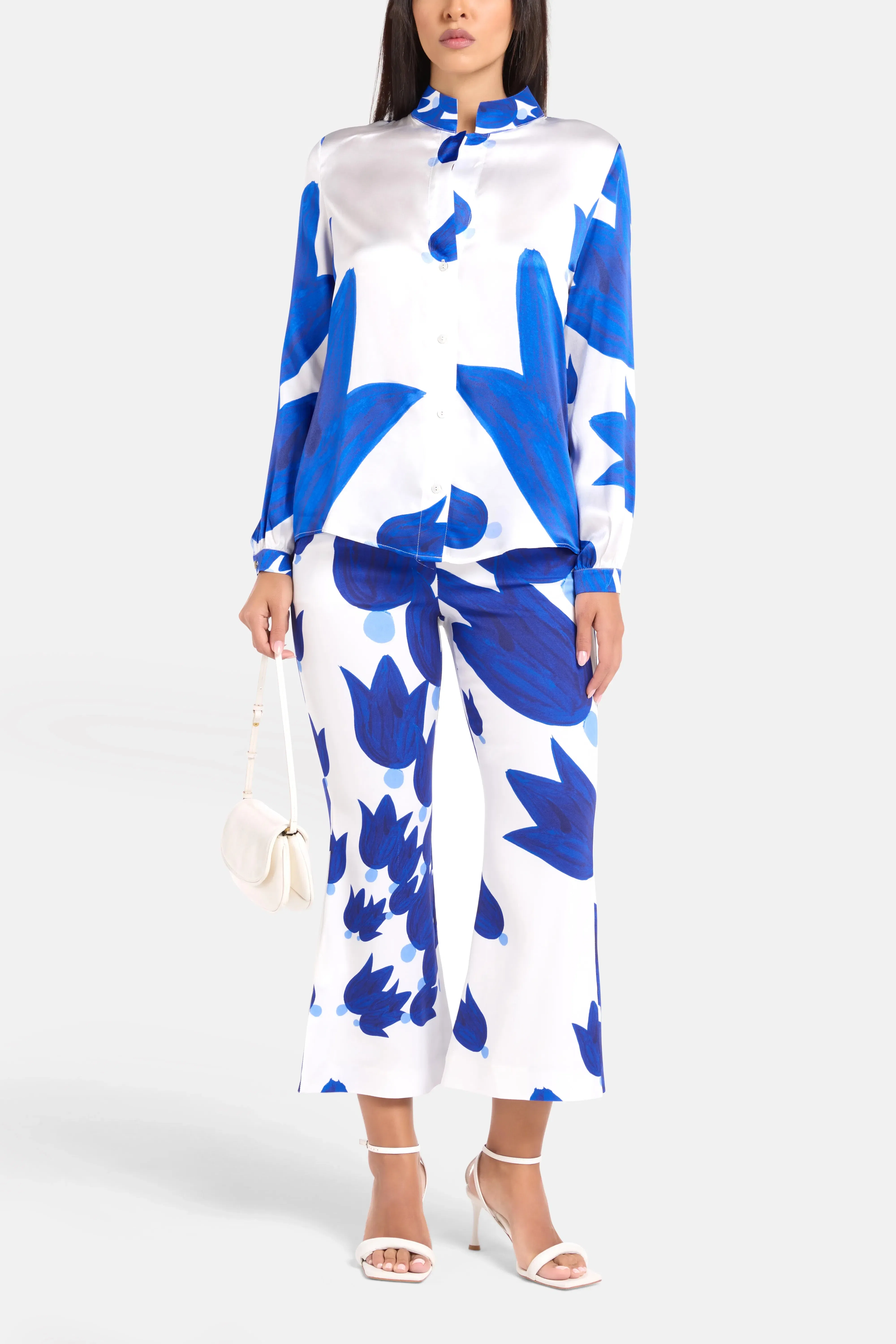Themis Z Theano Sabra Silk Wide Legged Trousers in Blue and White