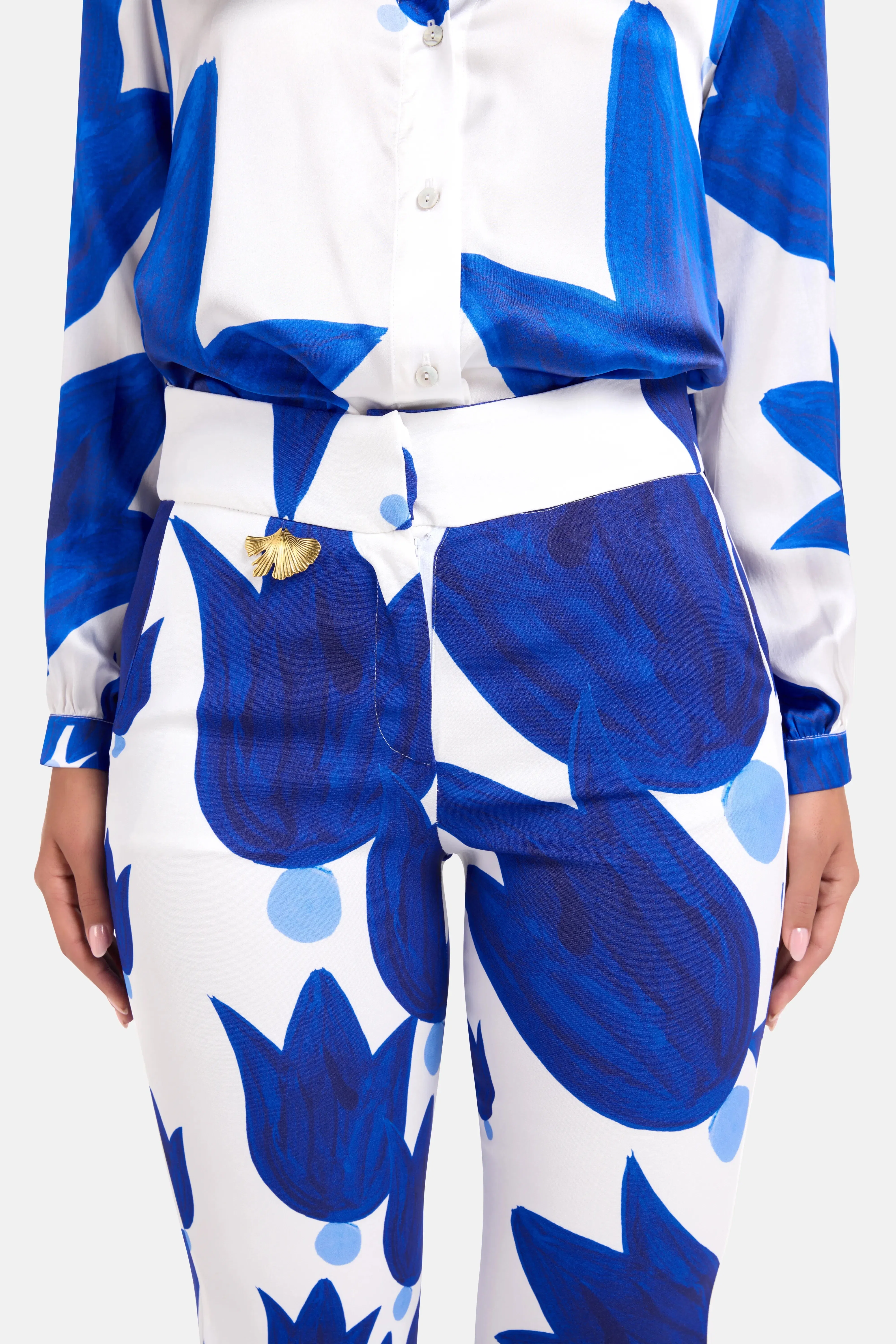 Themis Z Theano Sabra Silk Wide Legged Trousers in Blue and White