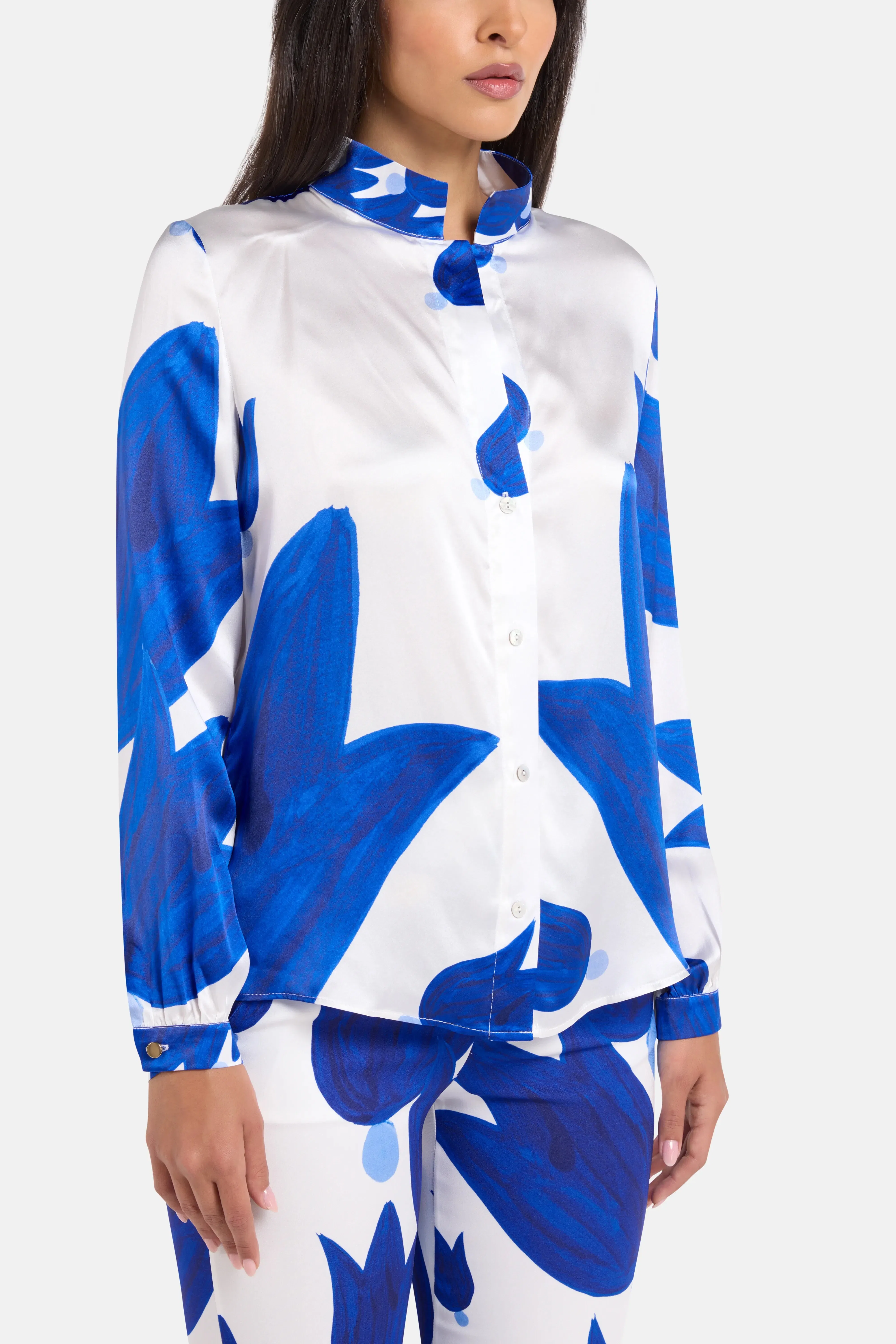 Themis Z Theano Button Up Silk Shirt in White and Blue