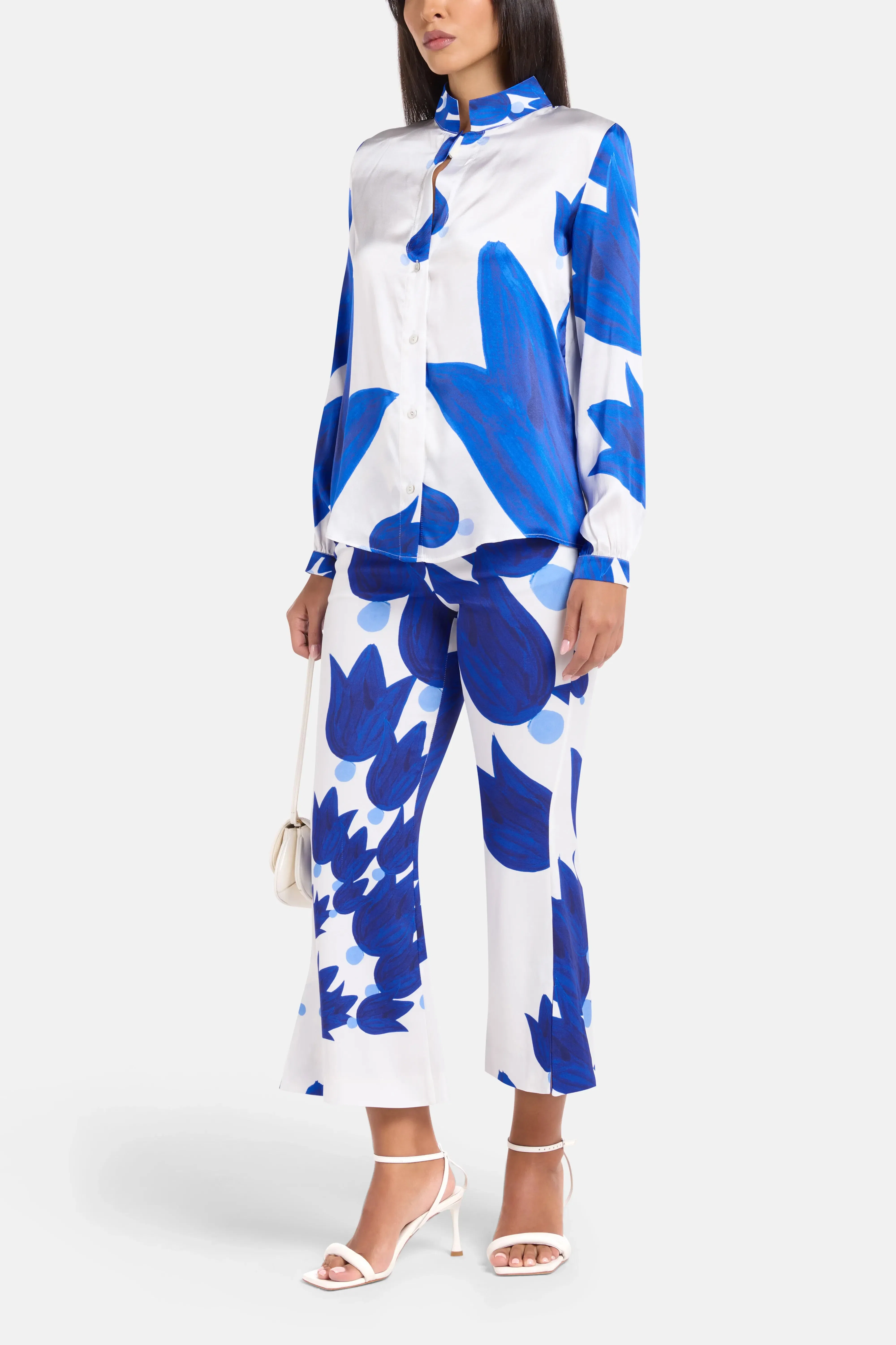 Themis Z Theano Button Up Silk Shirt in White and Blue