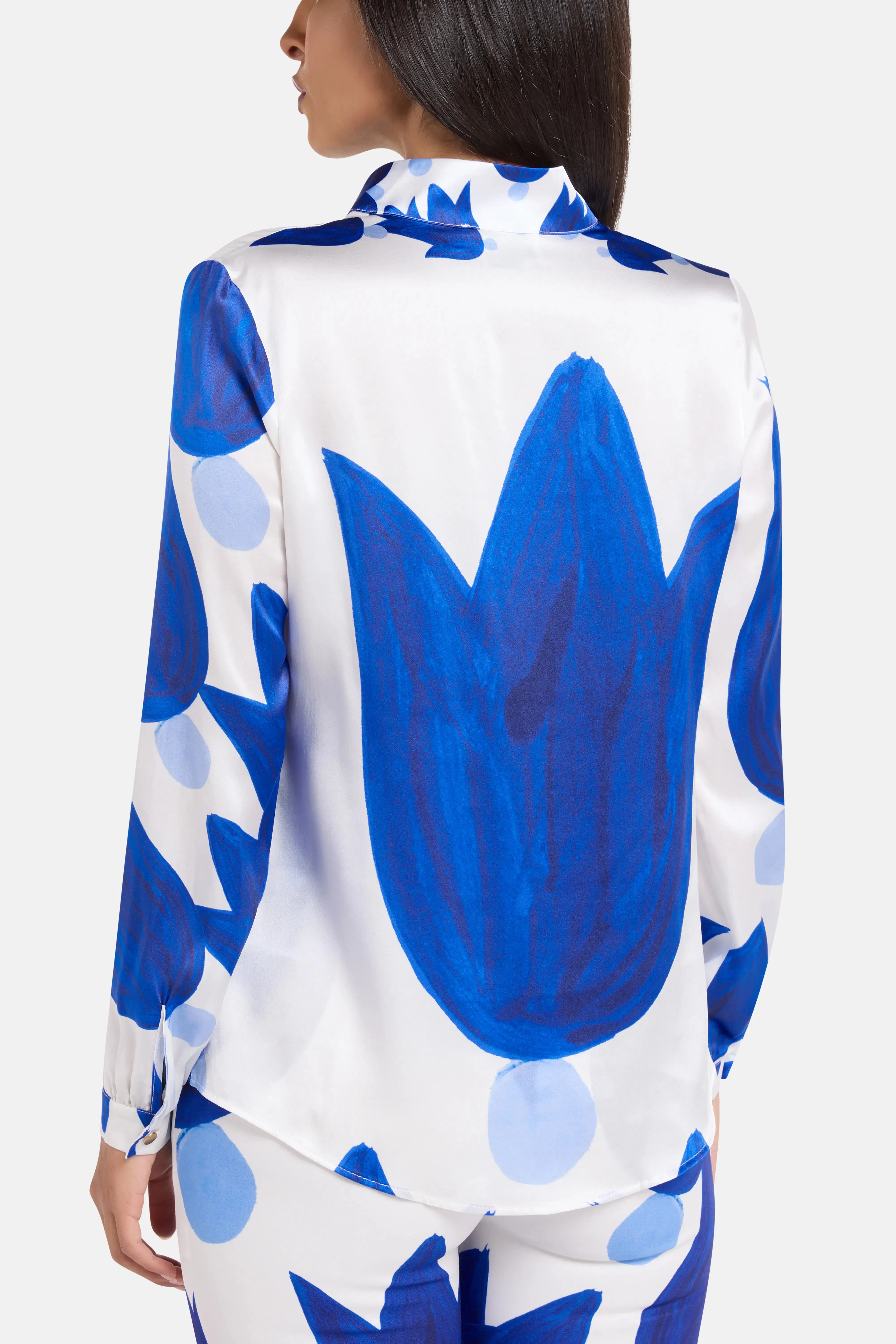 Themis Z Theano Button Up Silk Shirt in White and Blue
