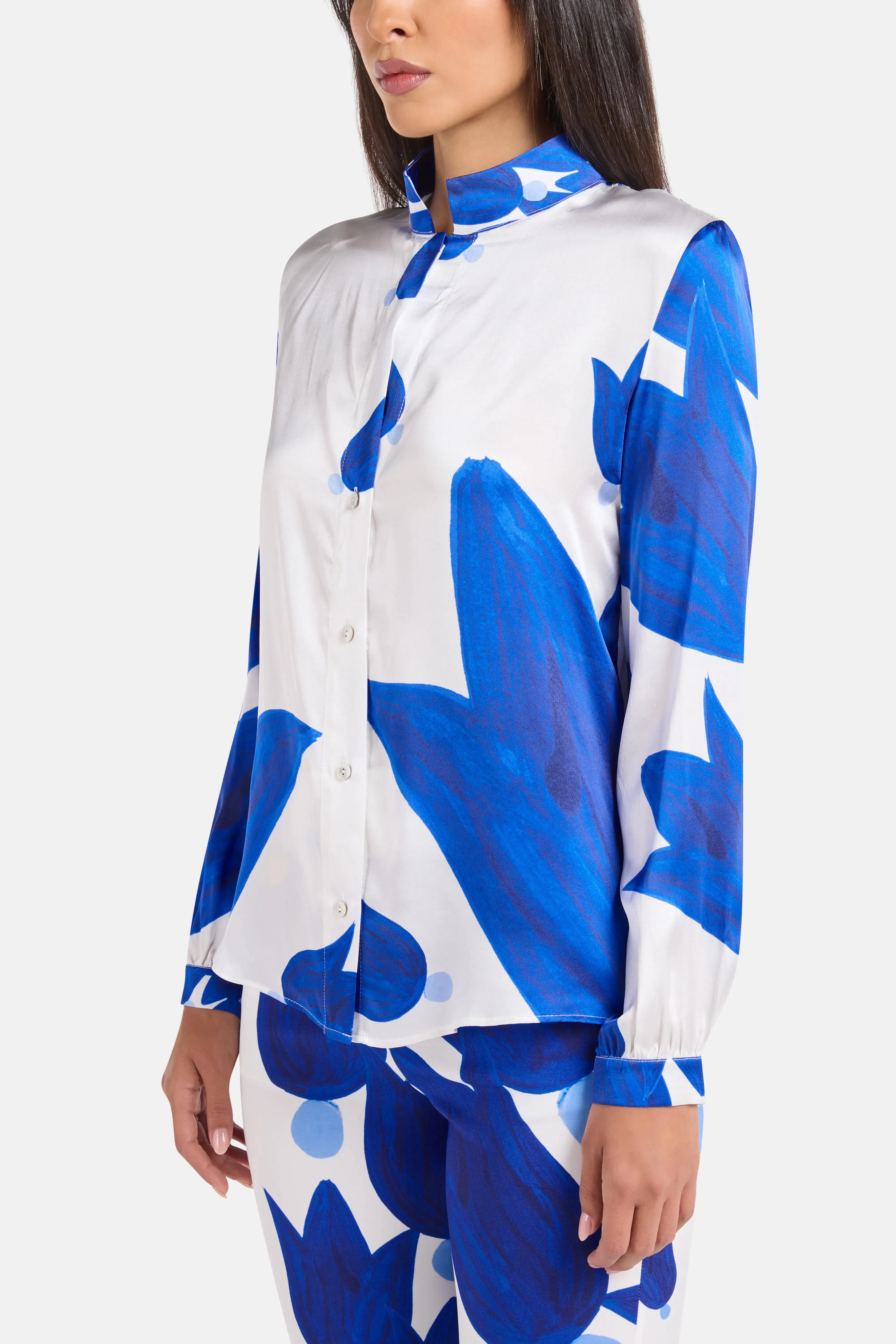Themis Z Theano Button Up Silk Shirt in White and Blue