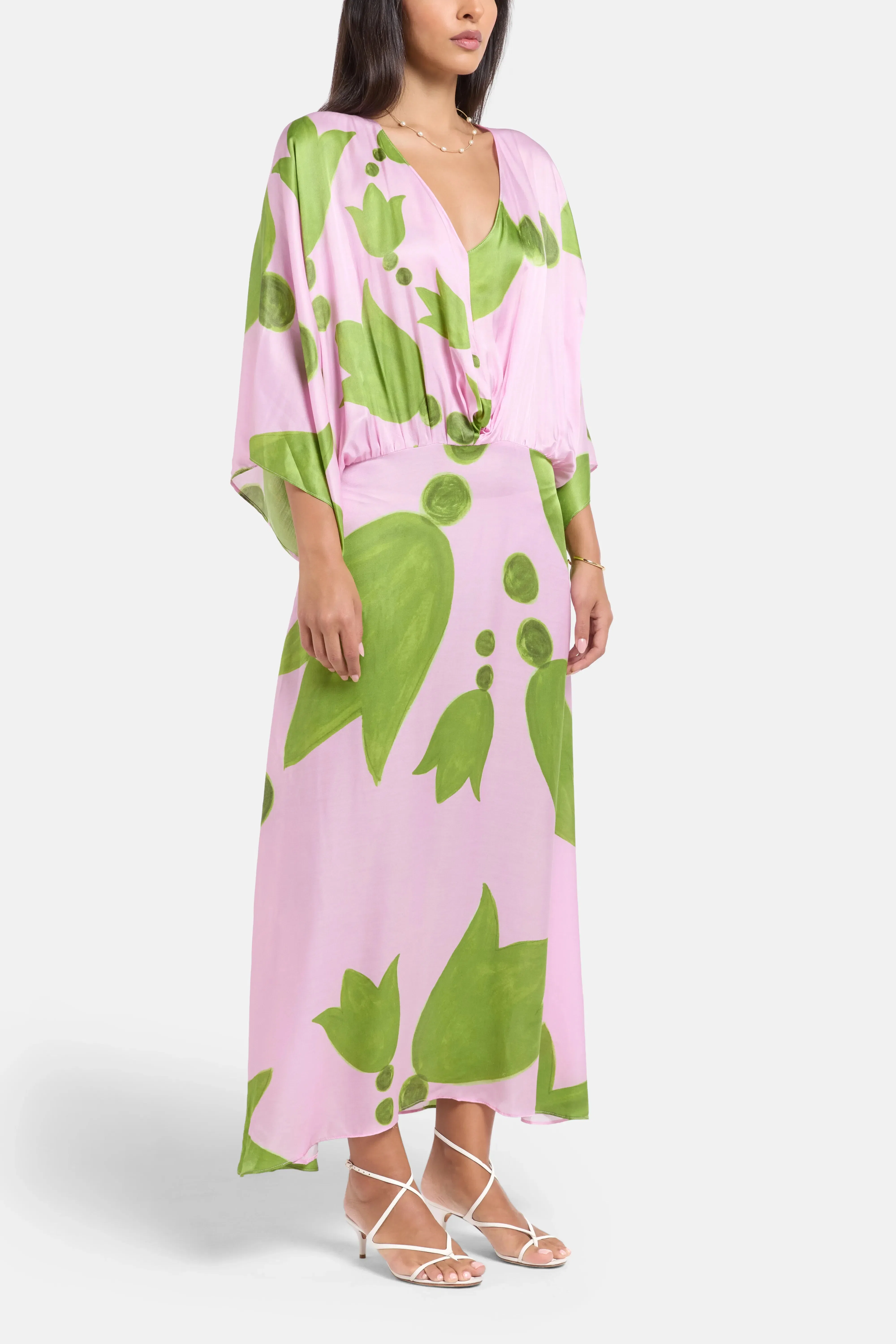 Themis Z Eudora Puff Sleeves Silk Maxi Dress in Pink and Green