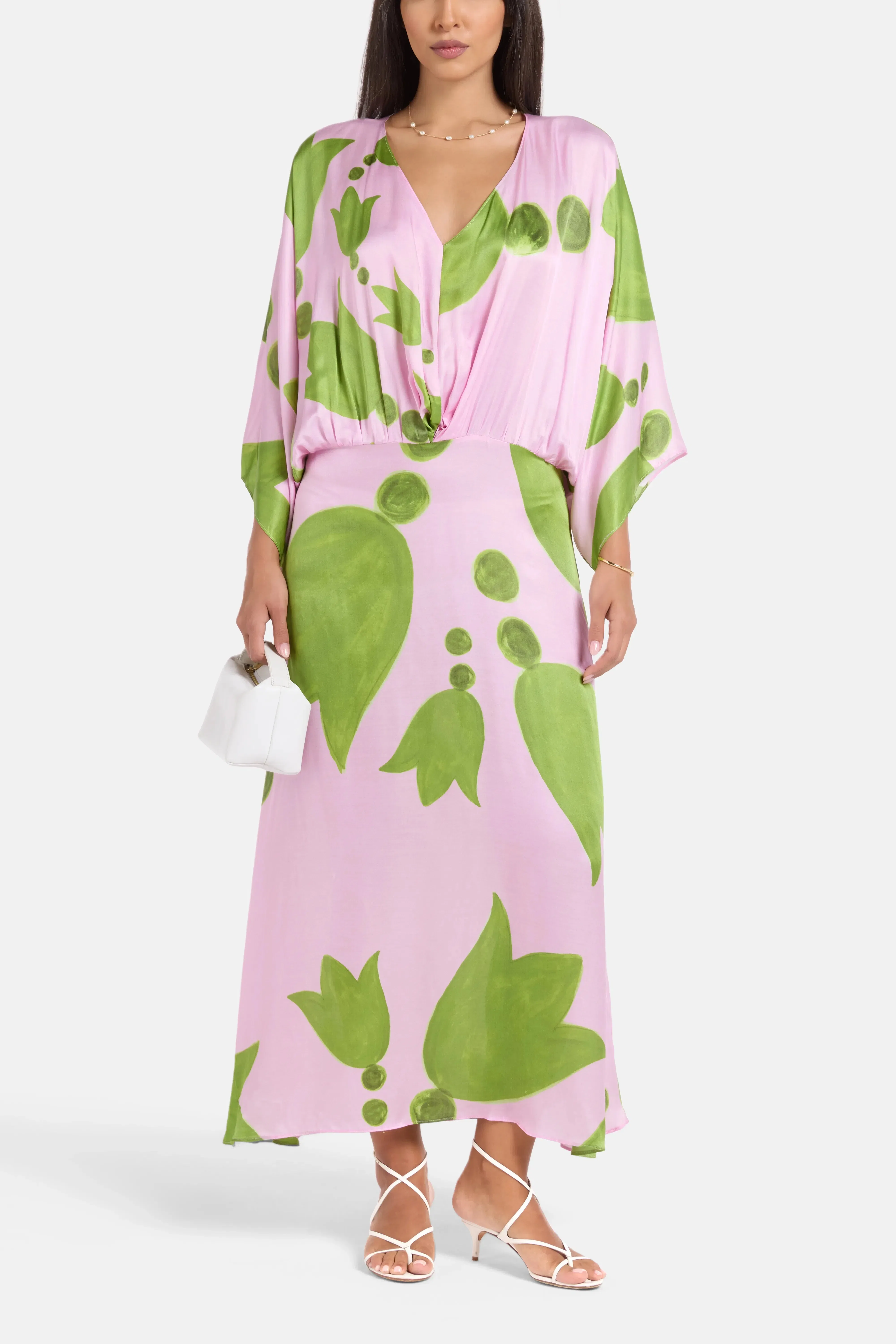 Themis Z Eudora Puff Sleeves Silk Maxi Dress in Pink and Green