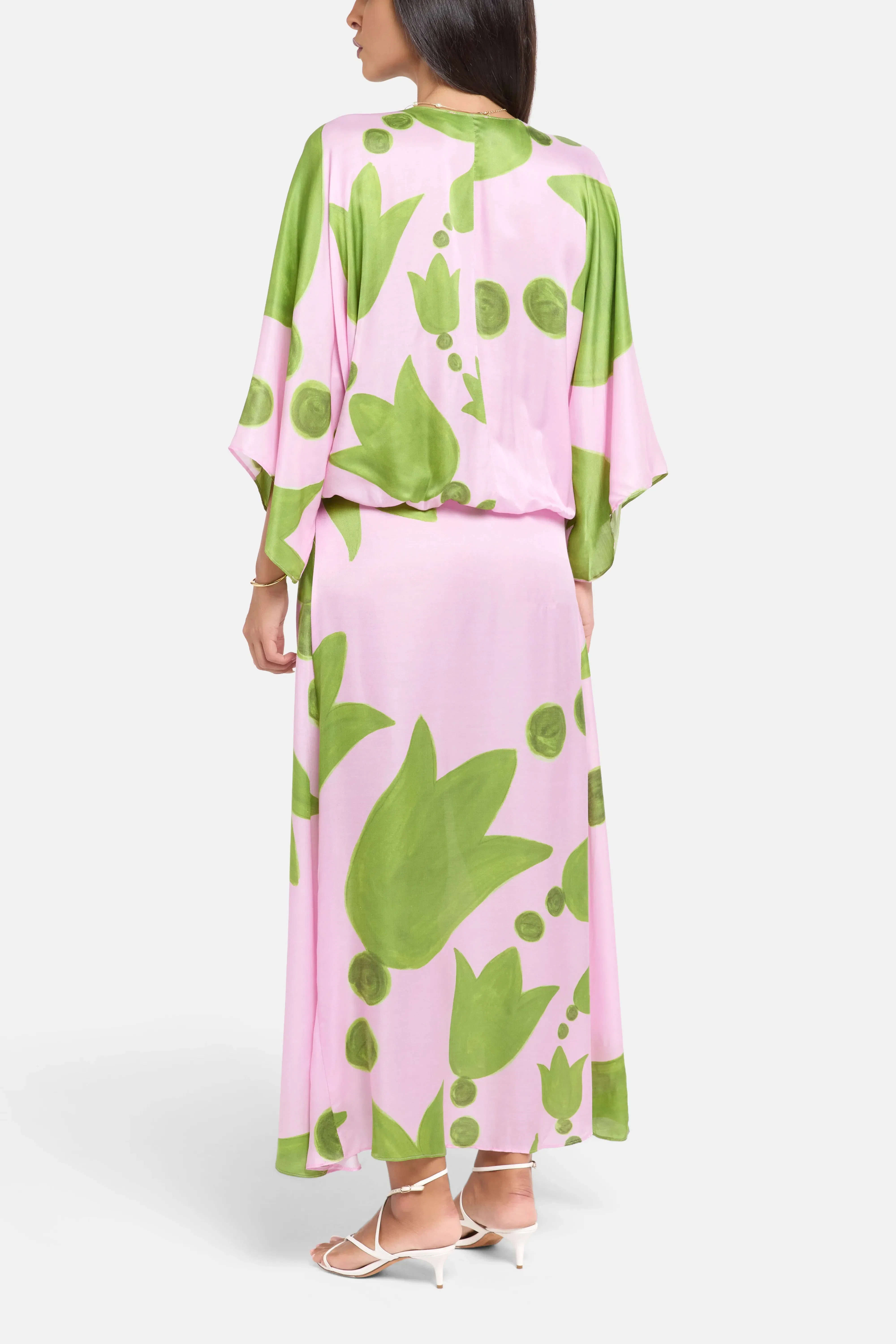 Themis Z Eudora Puff Sleeves Silk Maxi Dress in Pink and Green
