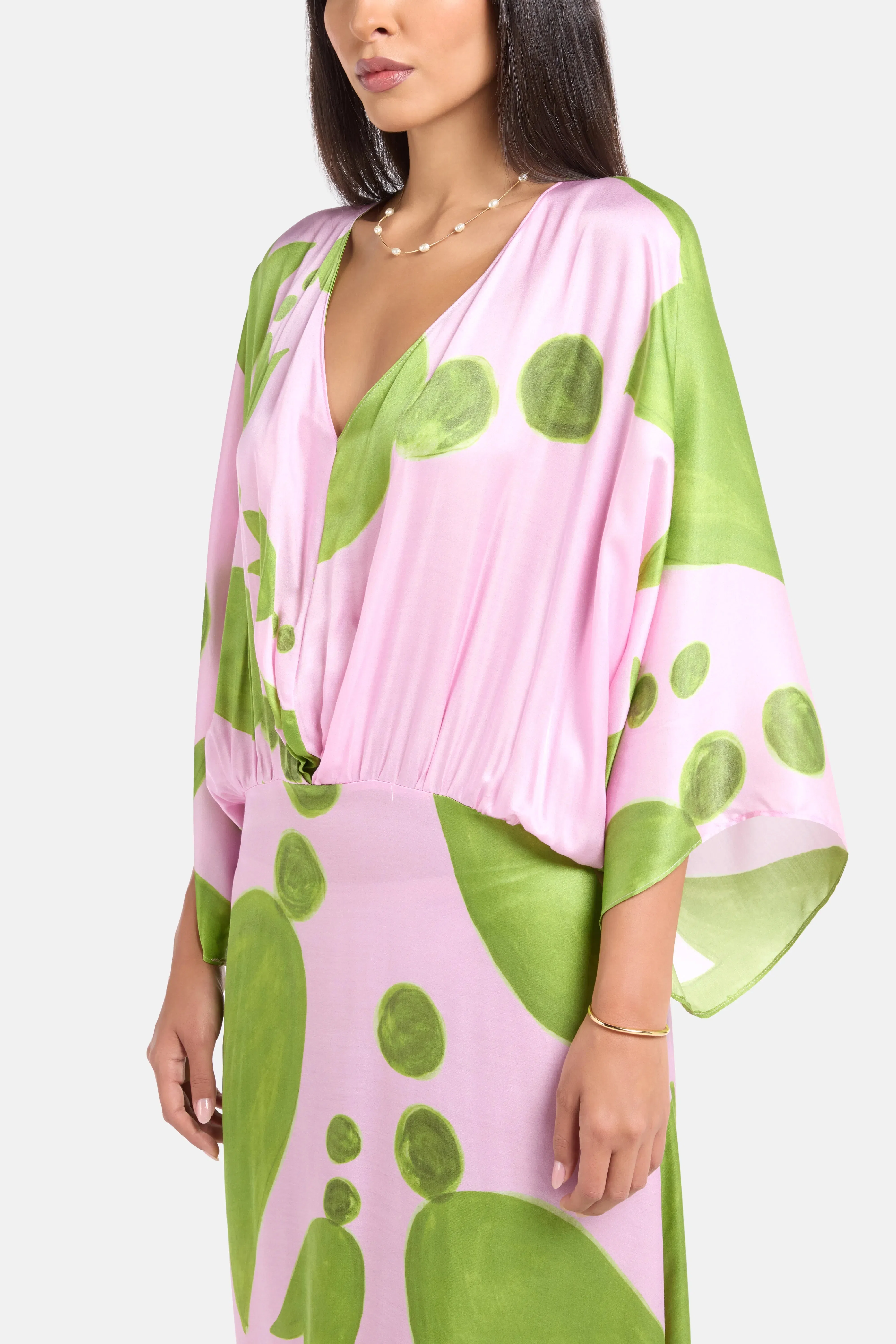 Themis Z Eudora Puff Sleeves Silk Maxi Dress in Pink and Green