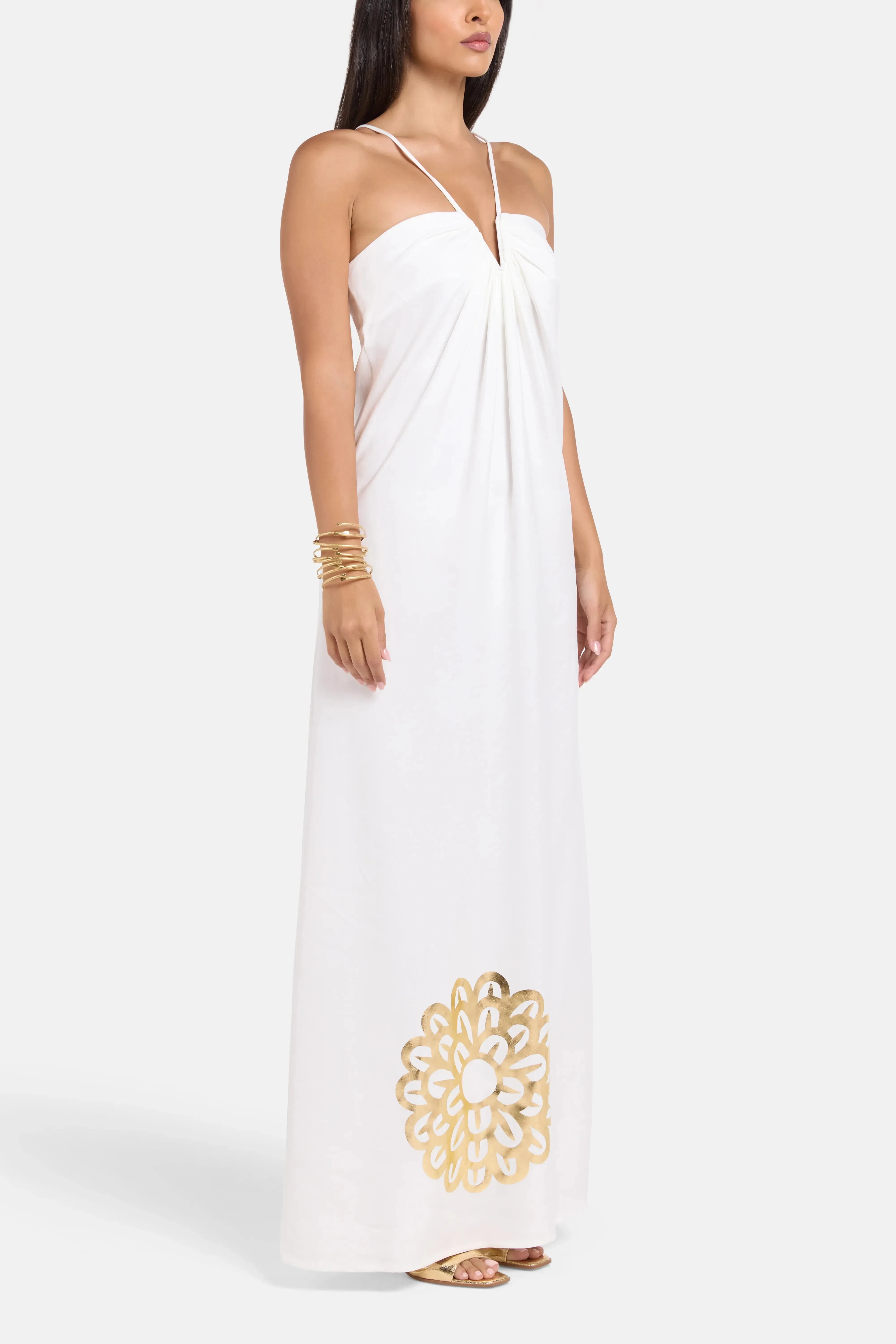 Themis Z Galatea Sleeveless Maxi Dress in White and Gold
