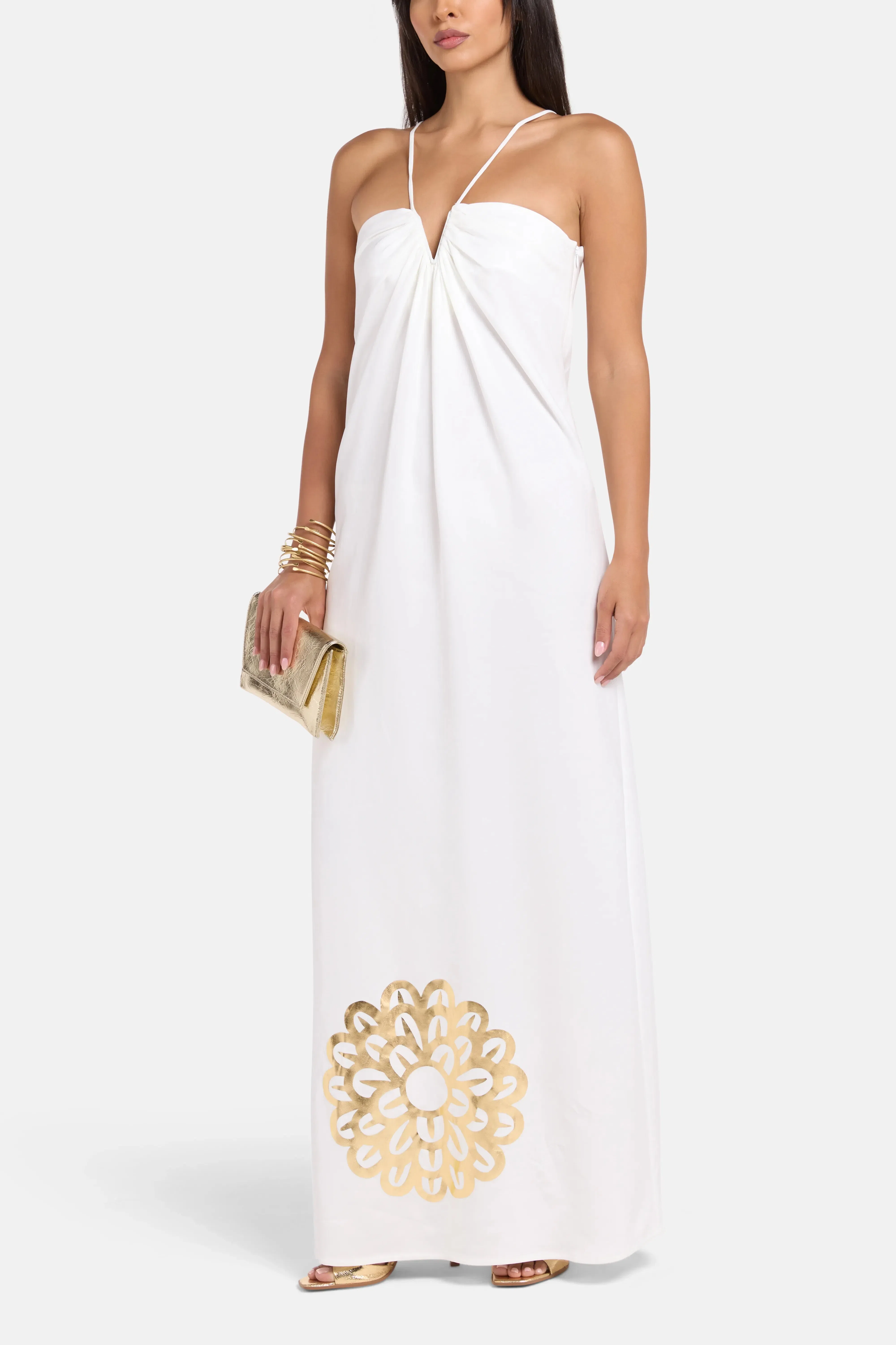 Themis Z Galatea Sleeveless Maxi Dress in White and Gold