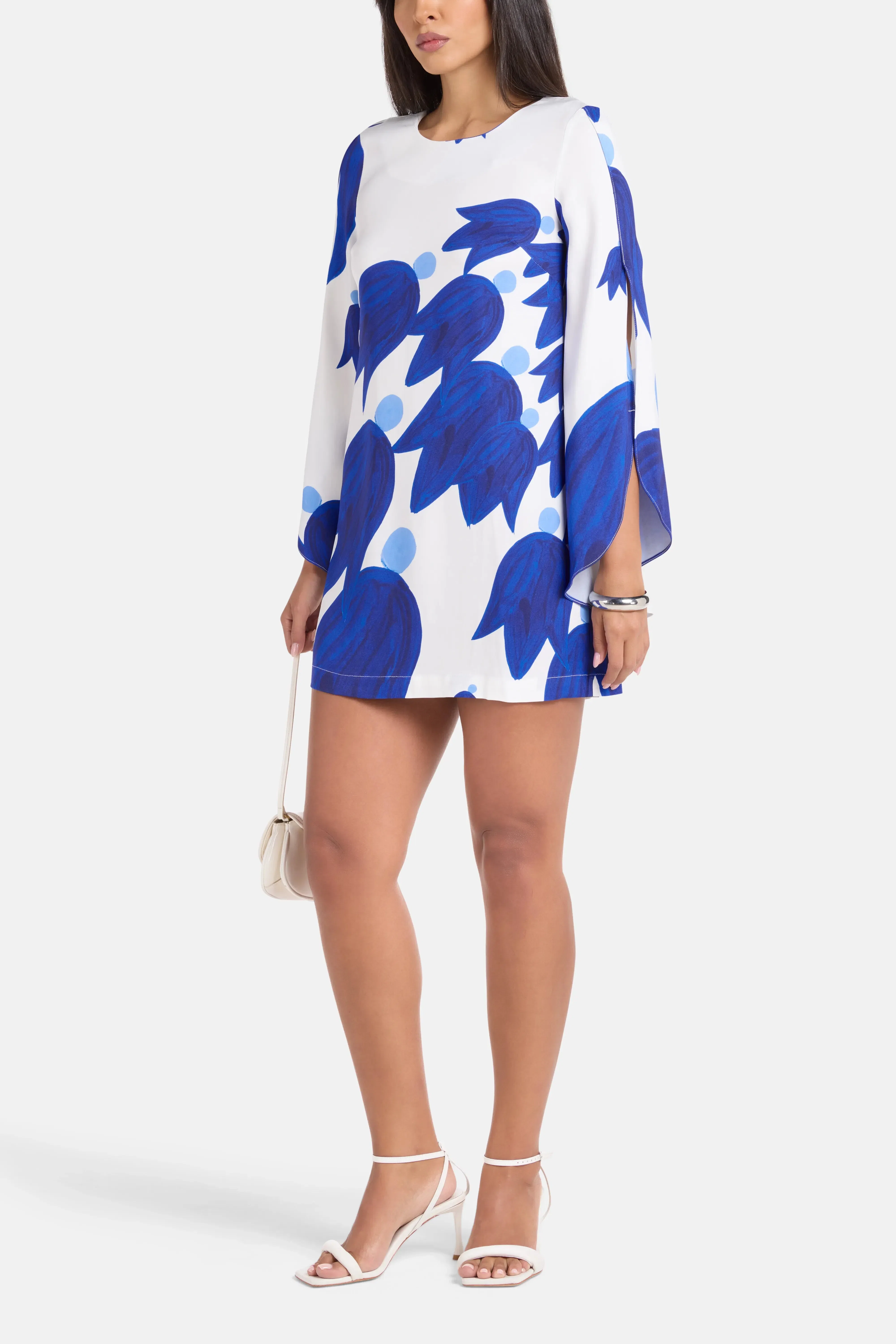 Themis Z Theano Sabra Cape Sleeves Silk Mini Dress in Blue and White