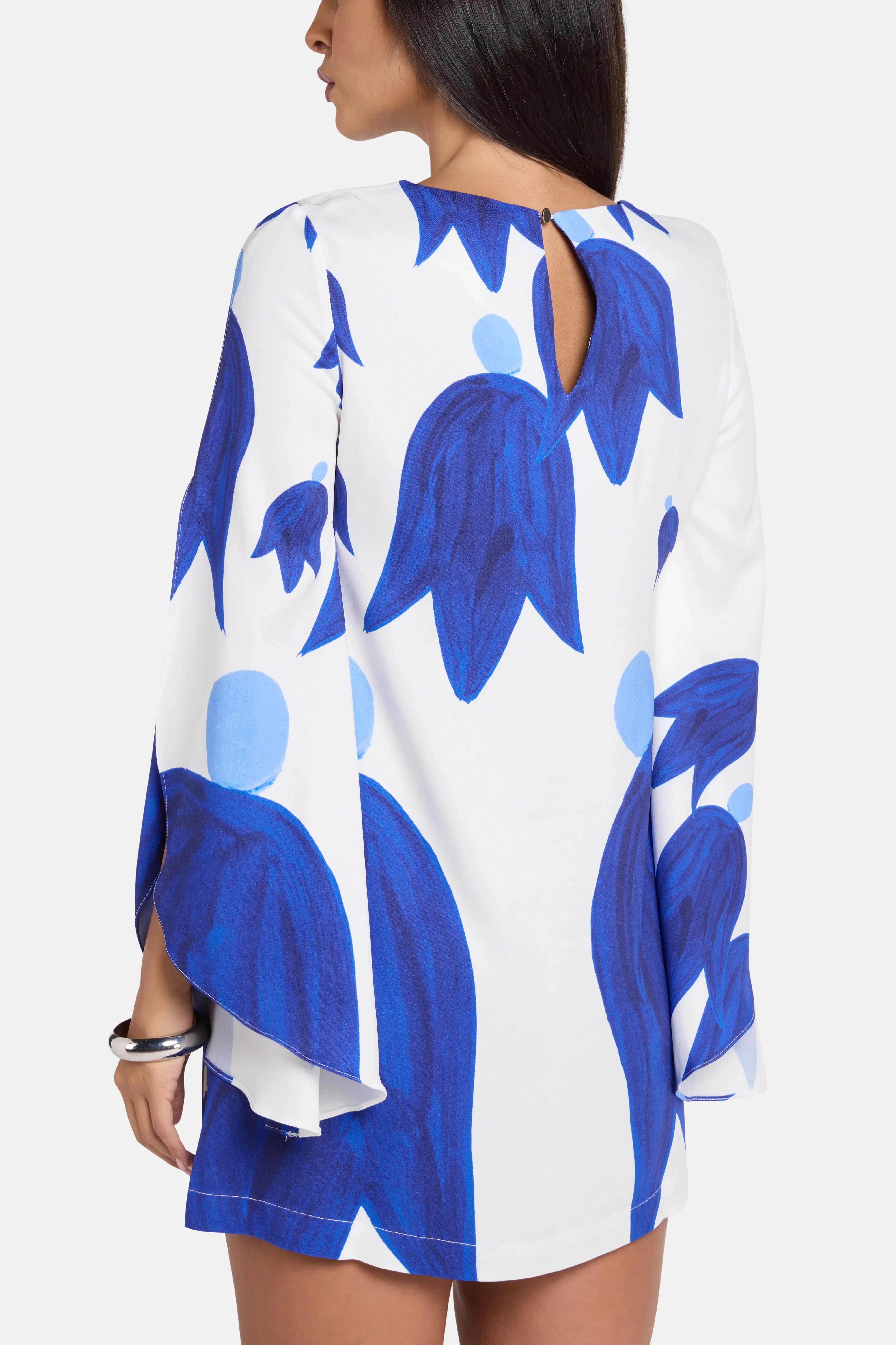 Themis Z Theano Sabra Cape Sleeves Silk Mini Dress in Blue and White