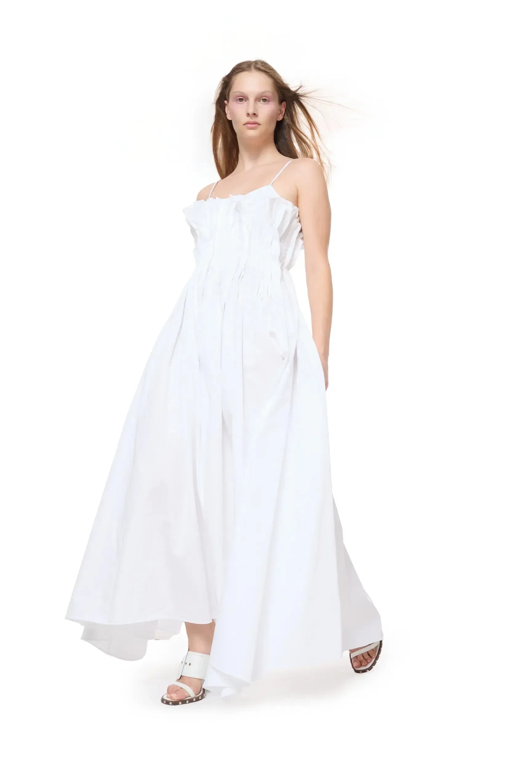 Marques'Almeida Cinched Pleated Organic Cotton Sleeveless Midi Dress in White