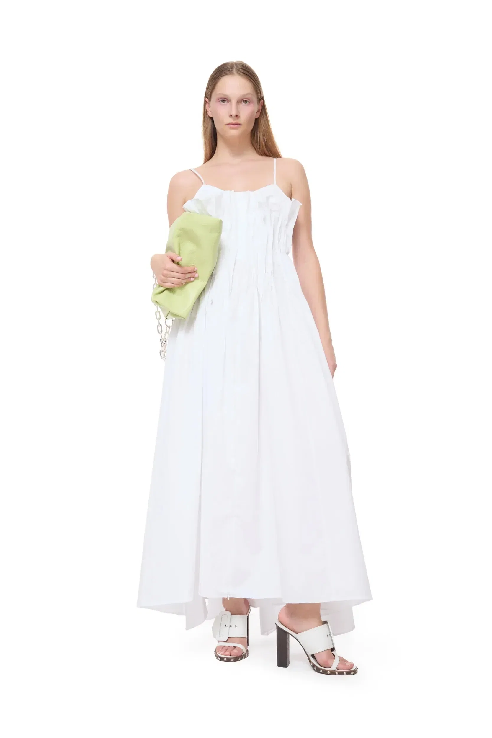 Marques'Almeida Cinched Pleated Organic Cotton Sleeveless Midi Dress in White
