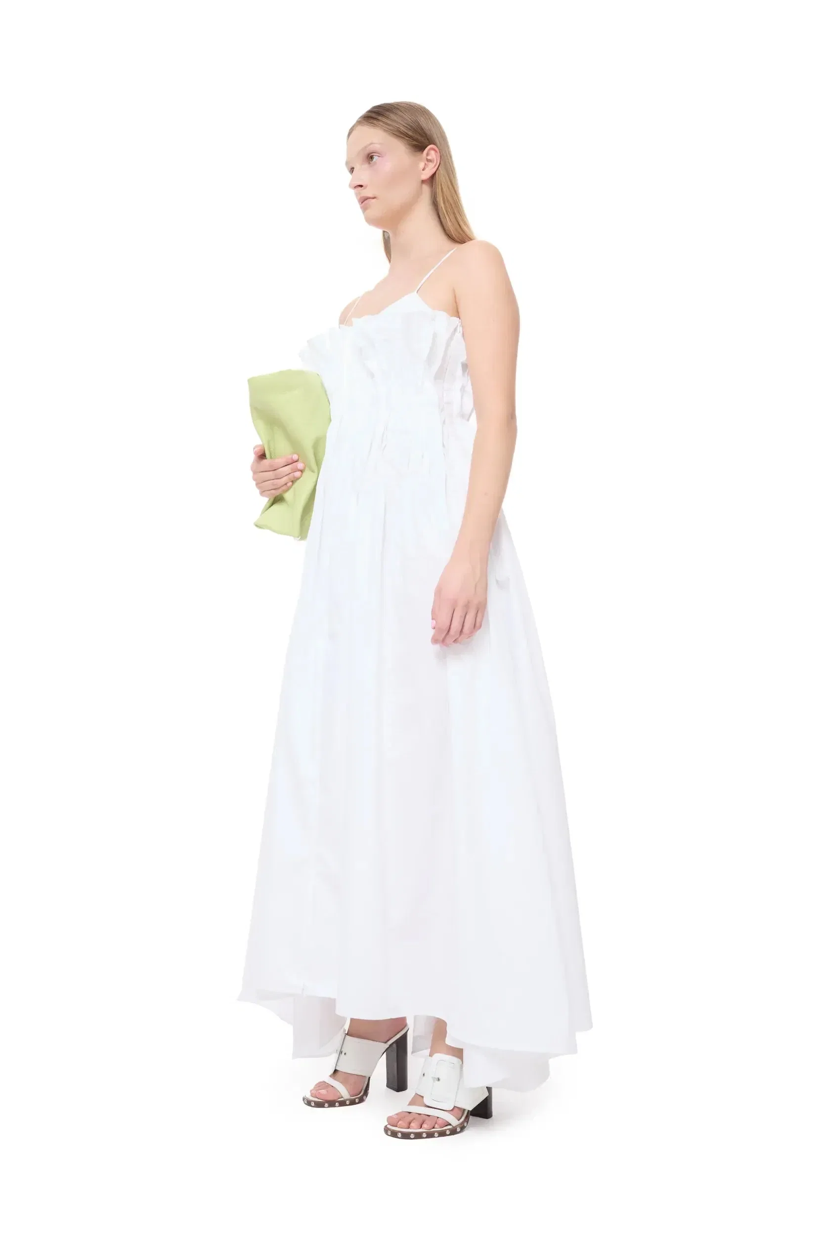 Marques'Almeida Cinched Pleated Organic Cotton Sleeveless Midi Dress in White