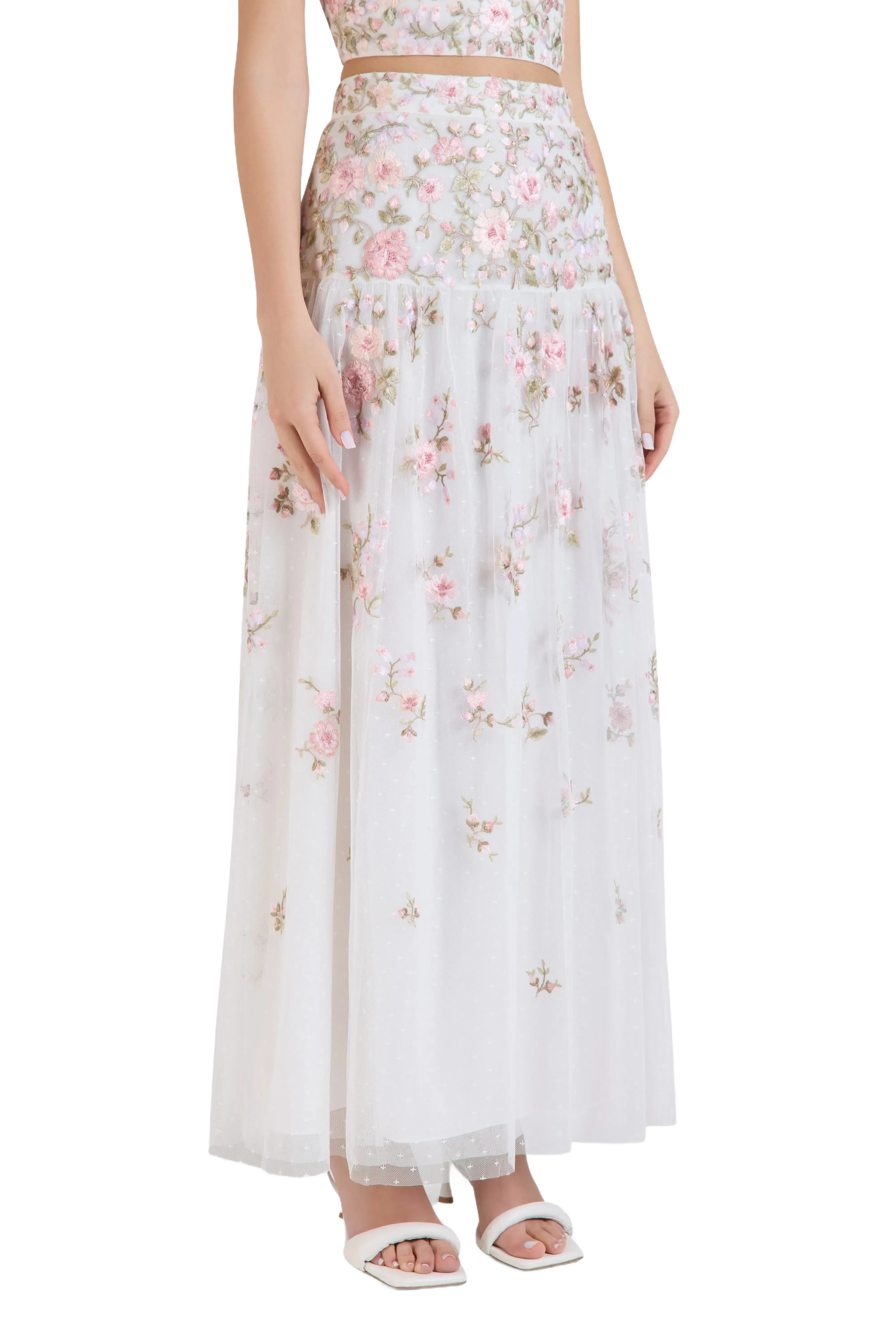 Needle & Thread Eden Rose Floral Midi Skirt in White