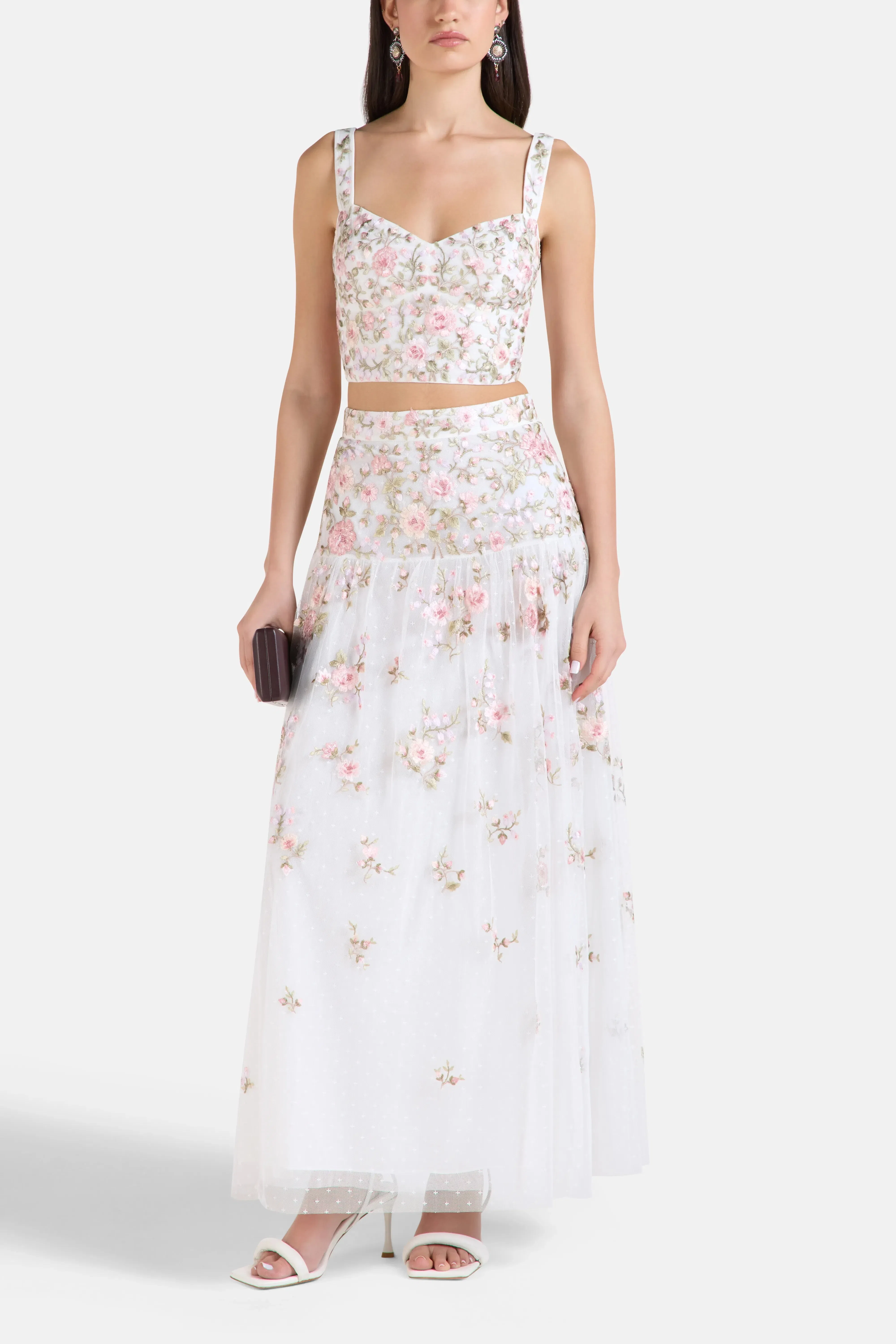 Needle & Thread Eden Rose Floral Midi Skirt in White