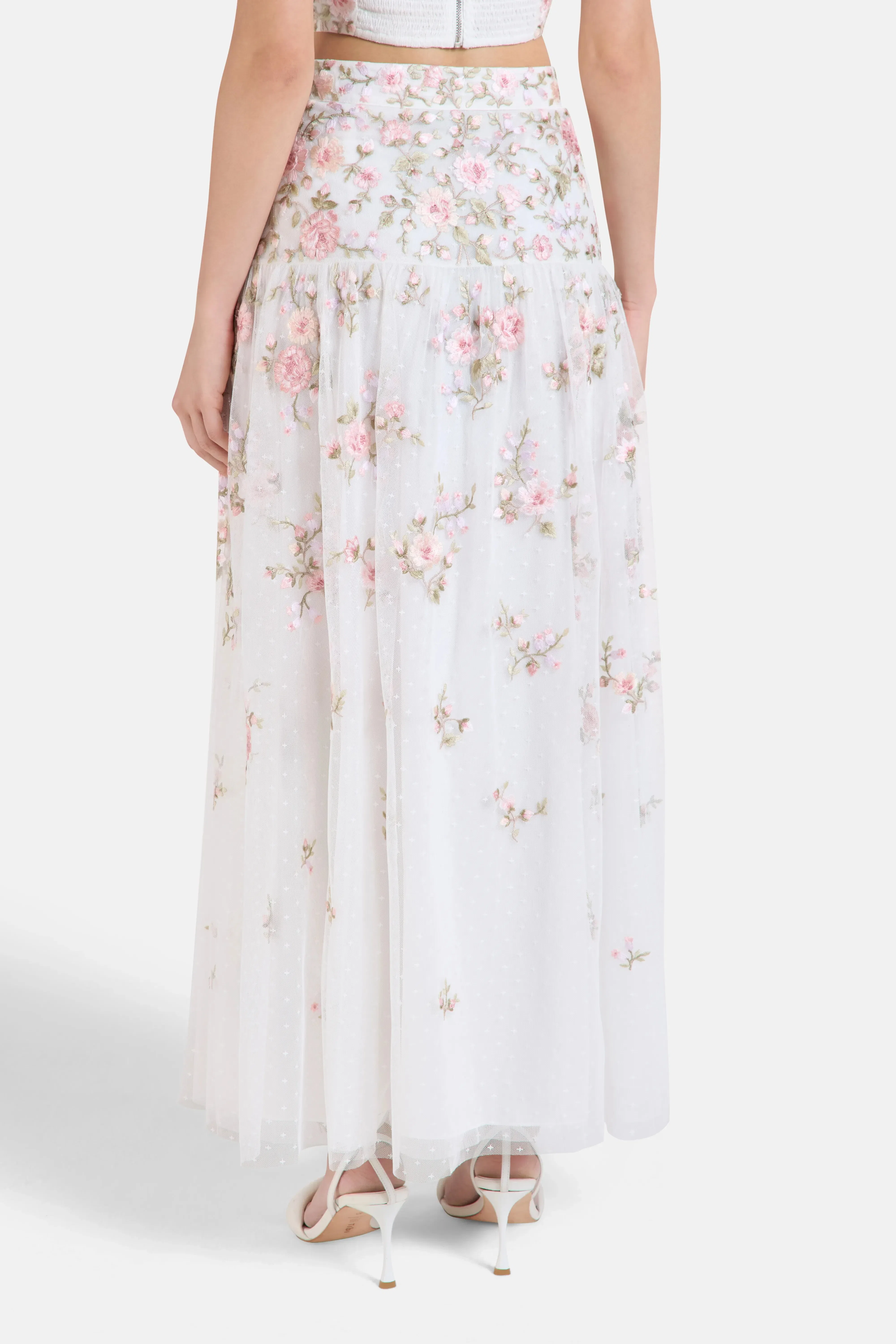 Needle & Thread Eden Rose Floral Midi Skirt in White
